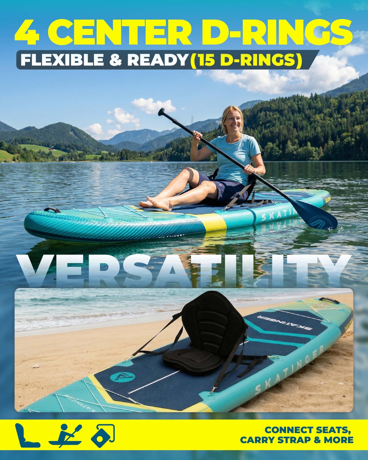 Skatinger 11'6×35" Super Wide Inflatable Paddle Board, Ultra Stable Stand Up Paddleboards for 450lb/3 People/Family/Big Size w/Shoulder Strap, 100L Backpack, Ultra-Light All-Round Sup Board, Blue