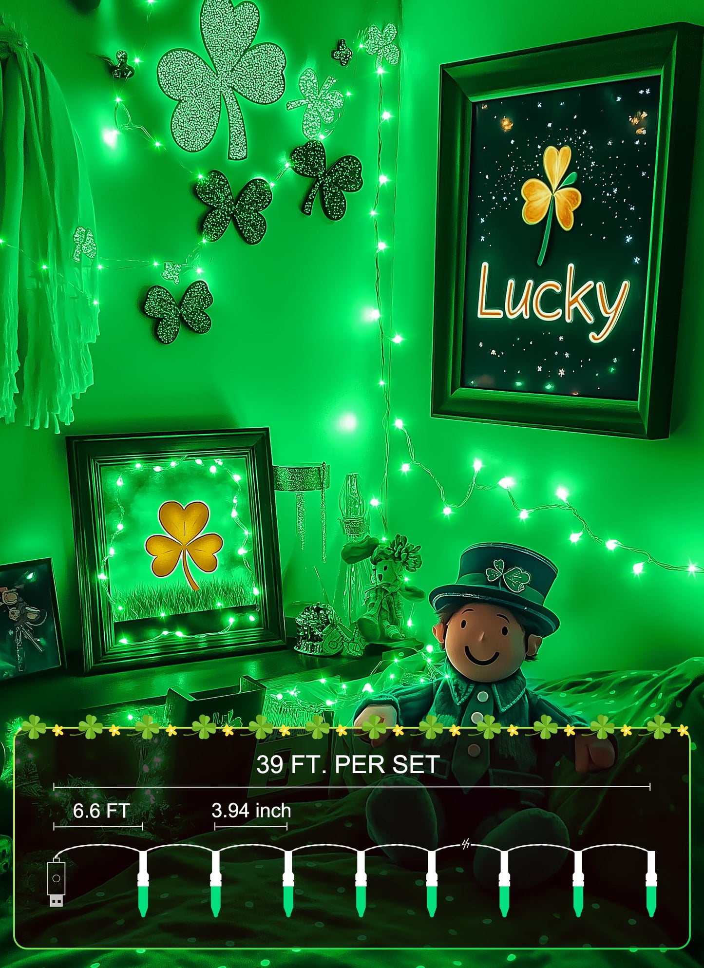 Minetom Green String Lights - 100 LED Mini Lights, 39 Feet, USB Operated, Waterproof for Indoor Outdoor Decor