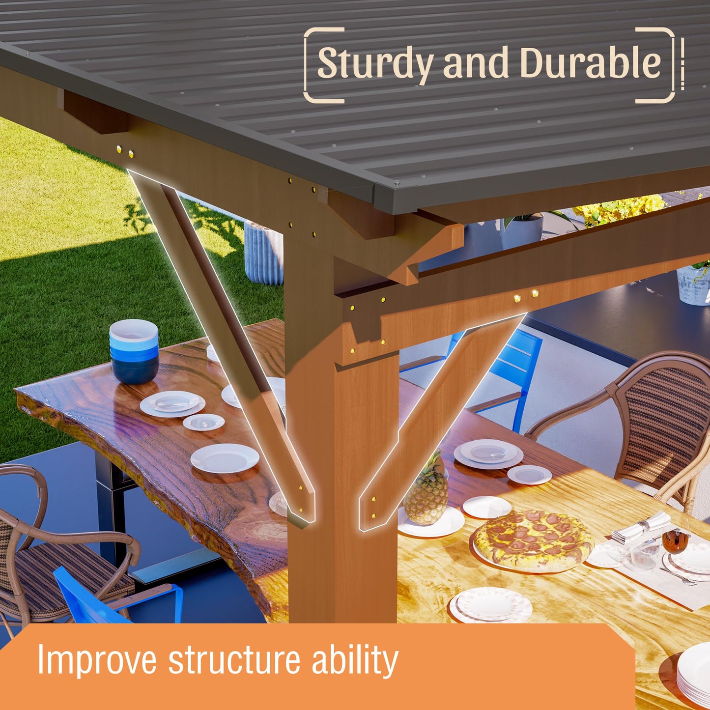 KEIKI 13.1' x 10' Wooden Grill Gazebo Metal Roof, Bulbs, Bar Counters, Patio Hardtop Grill Pergola, BBQ Canopy for Lawn, Garden, Outdoor Patio, Backyard