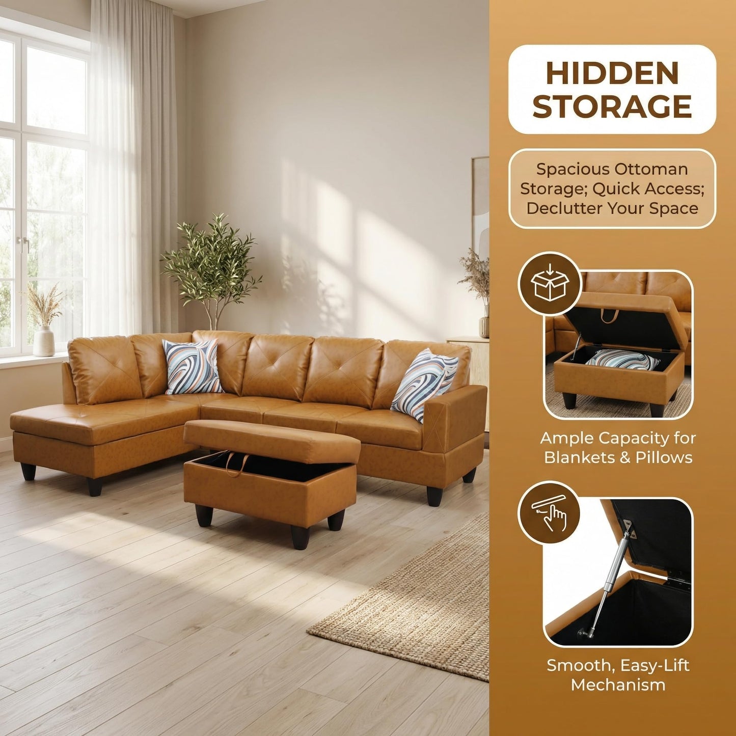 Trygoal 3-Piece L-Shaped Modular Leather Sofa – Convertible Sectional Couch with Movable Chaise & Storage Ottoman, Multi-Scene Use for Living Room, Apartment & Office, Ginger Yellow