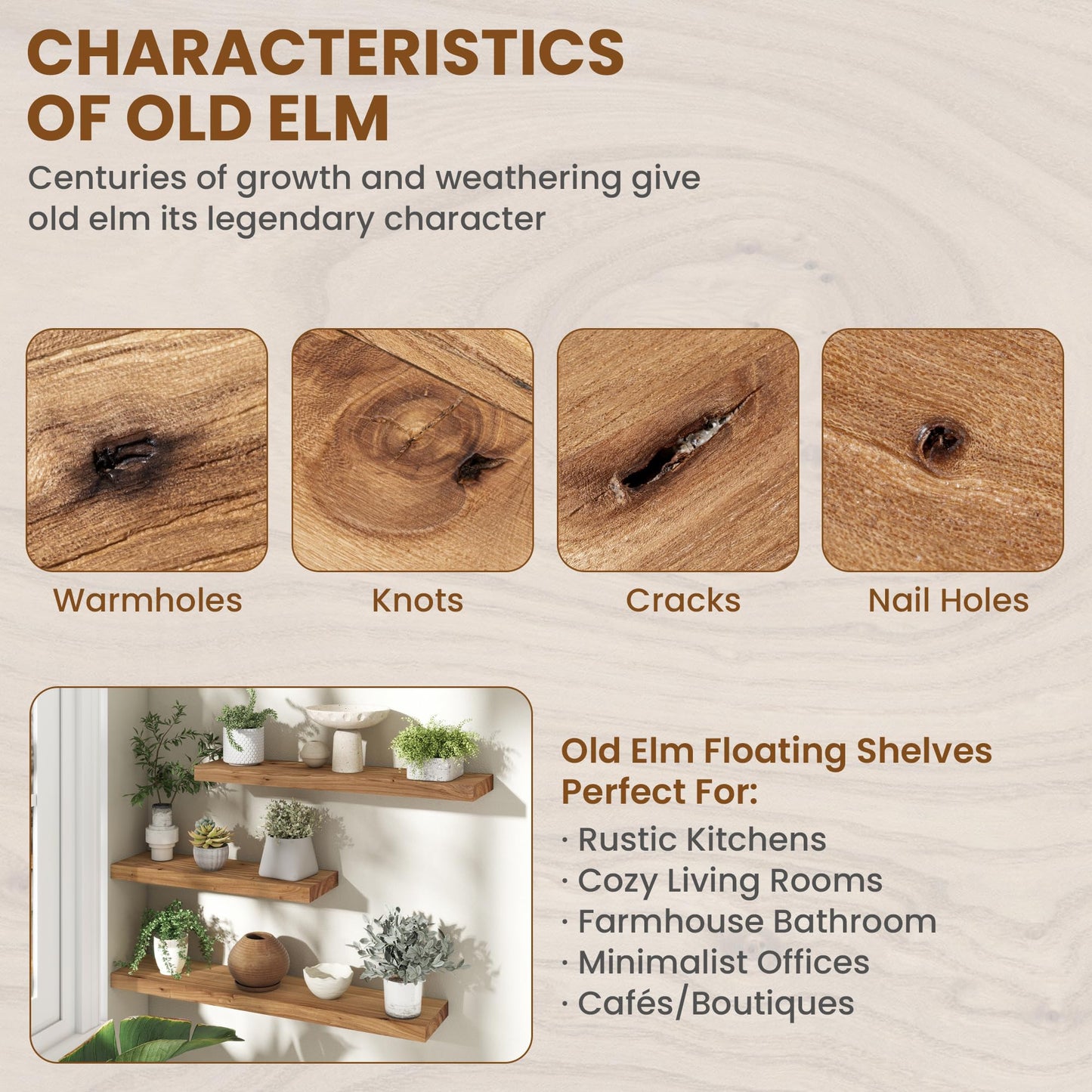 72 Inch Floating Shelves for Wall 1 Pack Shelves for Bedroom, Bathroom, Kitchen, Wall Mounted Rustic Solid Elm Wood Floating Shelf with Invisible Bracket for Books, Decor, Storage, Natural