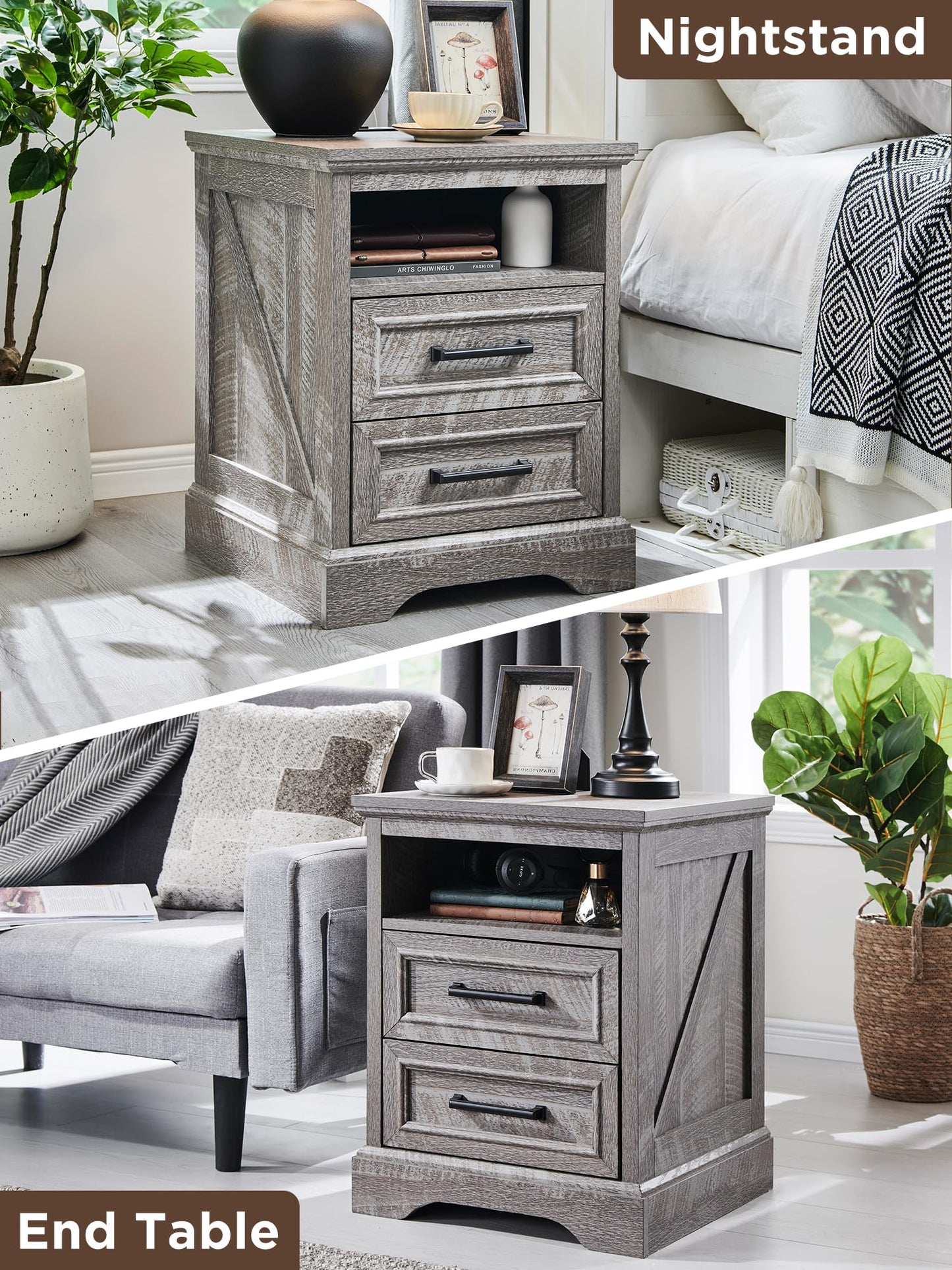 ACCOHOHO 18" Farmhouse Nightstand Set of 2 with Charging Station,End Table with 2 Drawers Storage,Side Table,Bedside Cabinet for Bedroom,Living Room, Grey