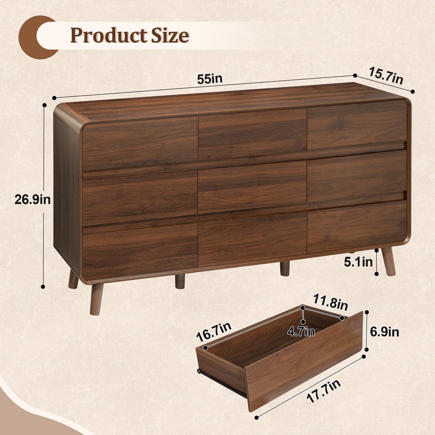 Nasonet Mid Century Modern 9 Drawer Dresser for Bedroom, Wooden Dresser & Chests of Drawers, Wide Storage Drawer Dresser TV Stand, Walnut