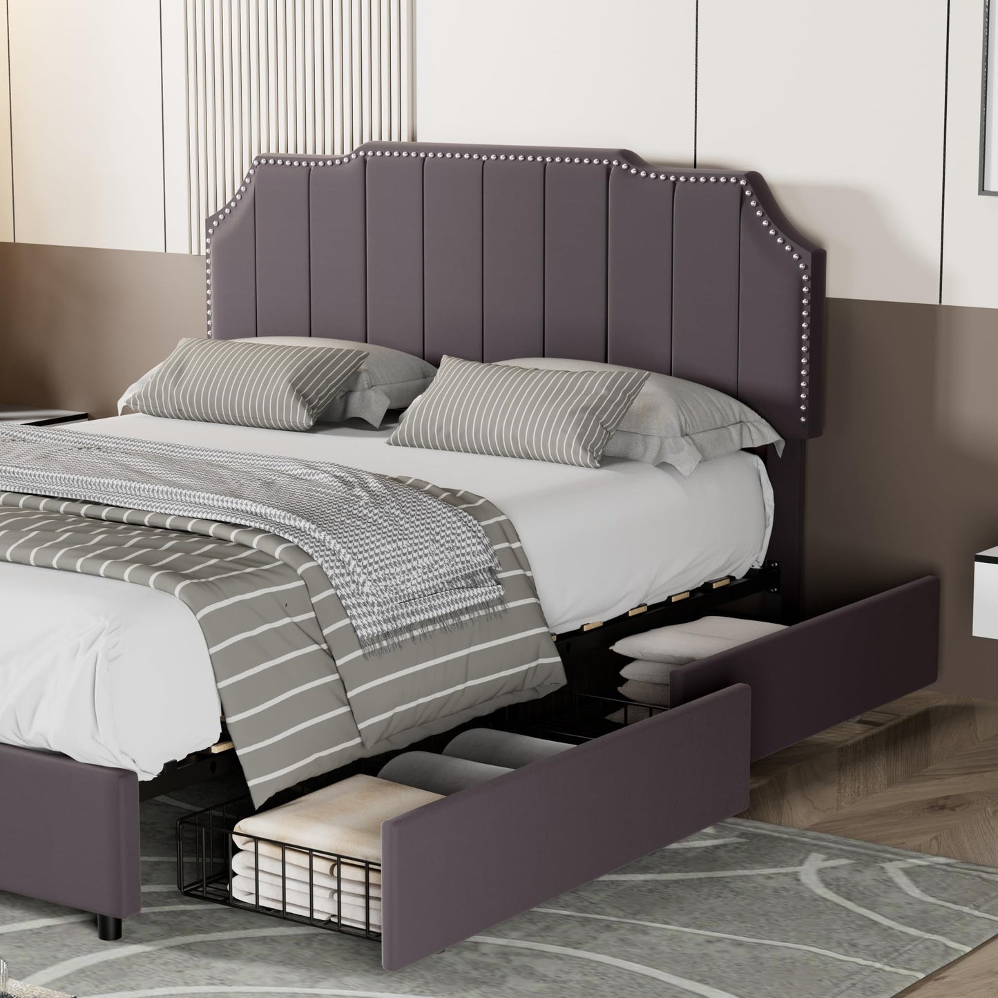 VECELO Queen Velvet Upholstered Platform Bed Frame with 4 Rollers Storage Drawers,Queen Size Bed with Tufted Height Adjustable Headboard,Wooden Slats/No Box Spring Needed/Easy Assembly