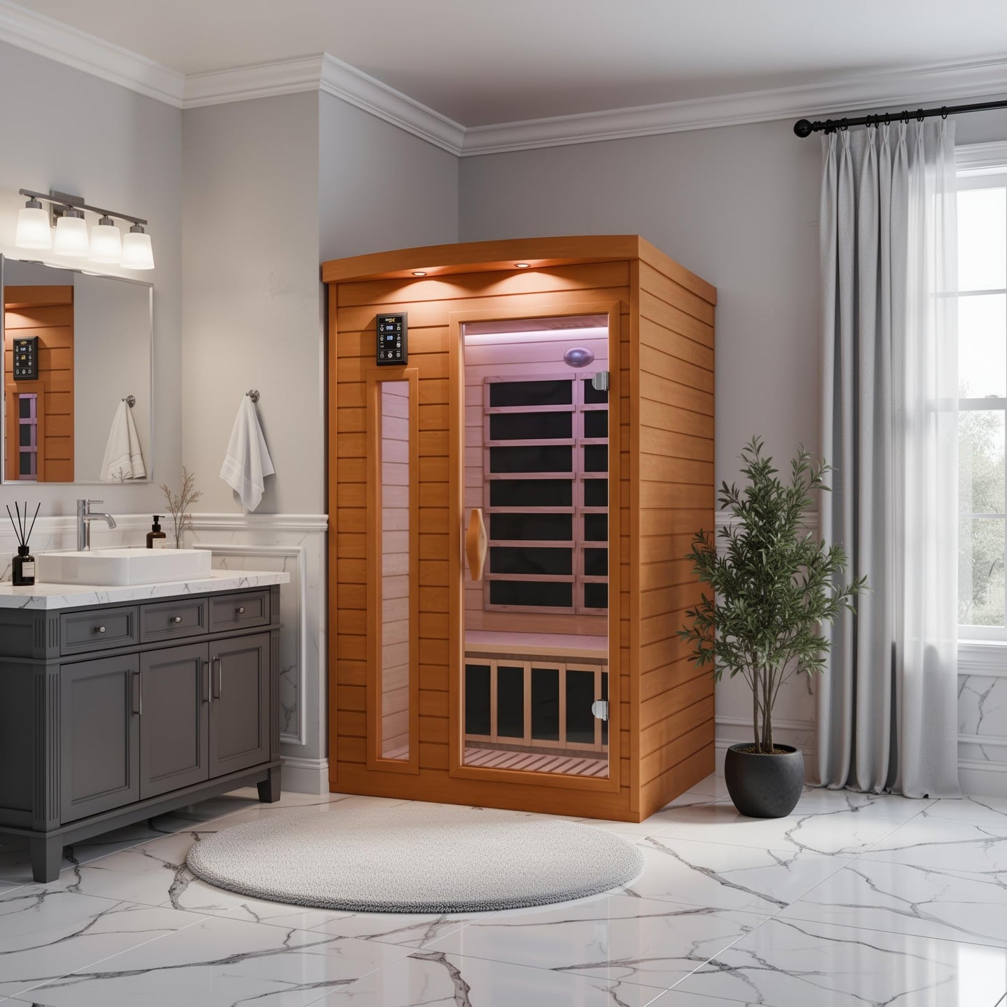 SaunaSpa Indoor 2-Person Infrared Sauna Room | Canadian Hemlock Wood Cabin Sauna with Low EMF Infrared Heating Panels, Bluetooth Audio, Tempered Glass Door, and Backrest with Chromotherapy Lighting