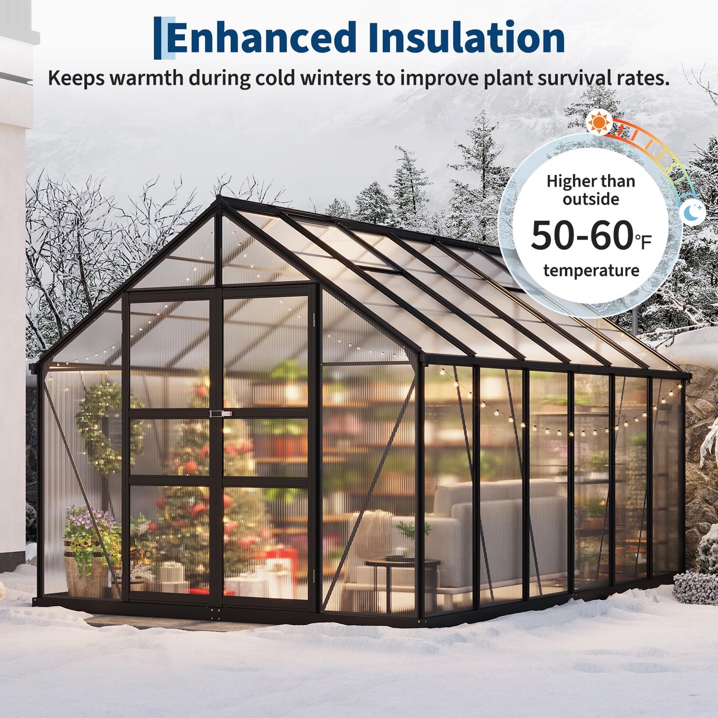 8x12 FT Polycarbonate Greenhouse,Large Walk-in SturdyOutdoor Aluminum Frame Greenhouse with Roof Vent, Lockable Push Door,for Garden, Backyard, Patio & Lawn(Black)