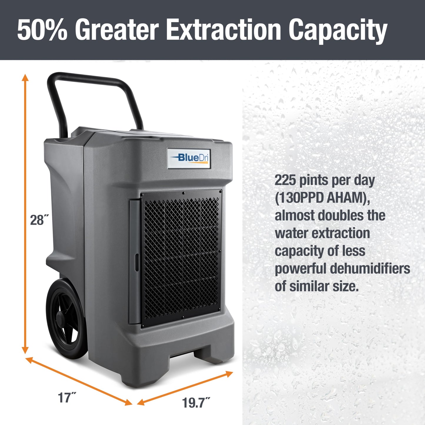 BlueDri BD-130P 225PPD Industrial Water Damage Equipment Commercial Dehumidifier with Hose for Basements in Homes and Job Sites, Gray