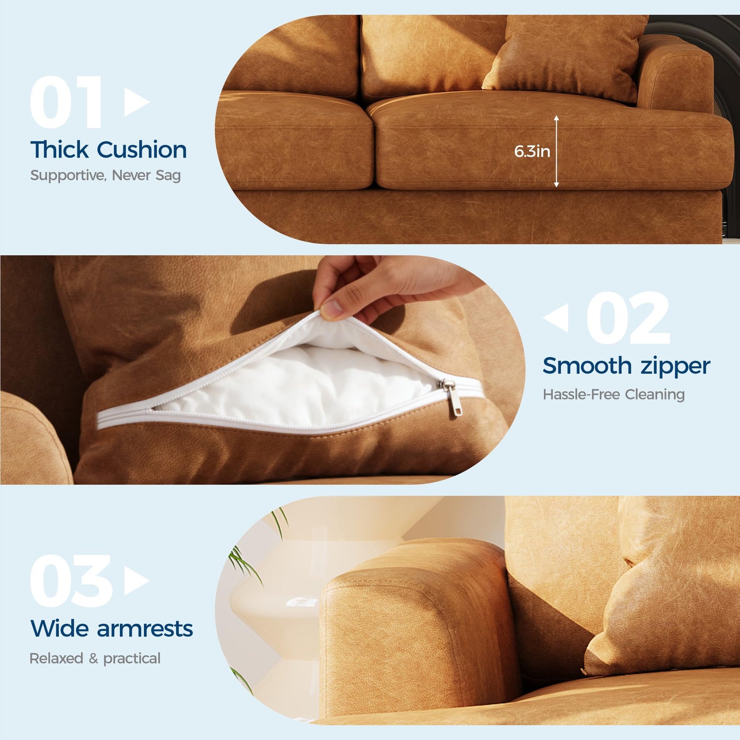 Garvee 86" Faux Leather Sofa, Modern Deep Seat Couch with 2 Throw Pillows, Upholstered Cushion & Removable Cover, Comfy Leather Couch for Small Space, Apartment, Living Room Lounge, Brown
