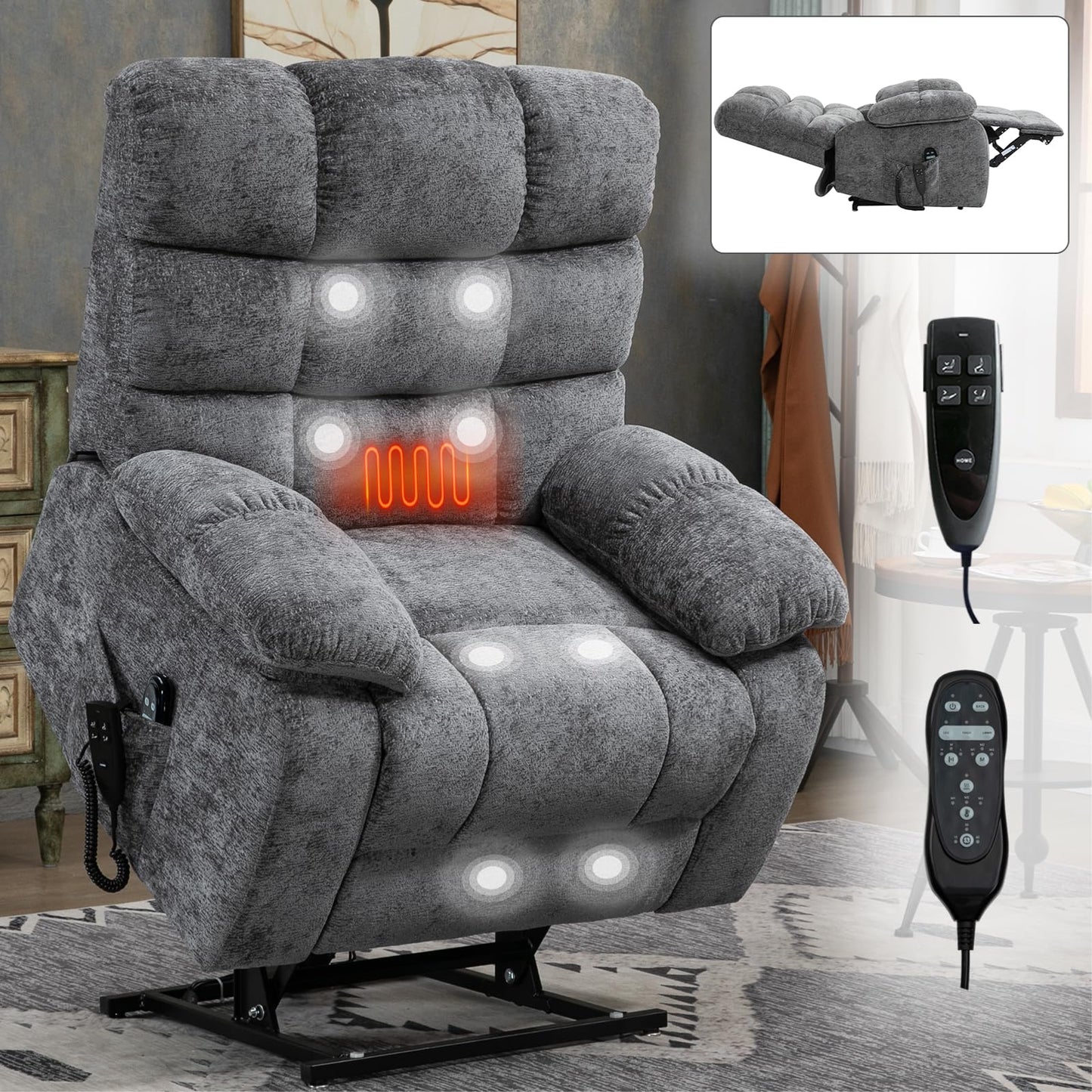 KEIKI Oversized Dual Motor Power Lift Recliner Chair for Elderly, Polyester Upholstery Breathable Rocking Chair with Back Massager and Heated, Home Lounging and Entertainment Center, Grey