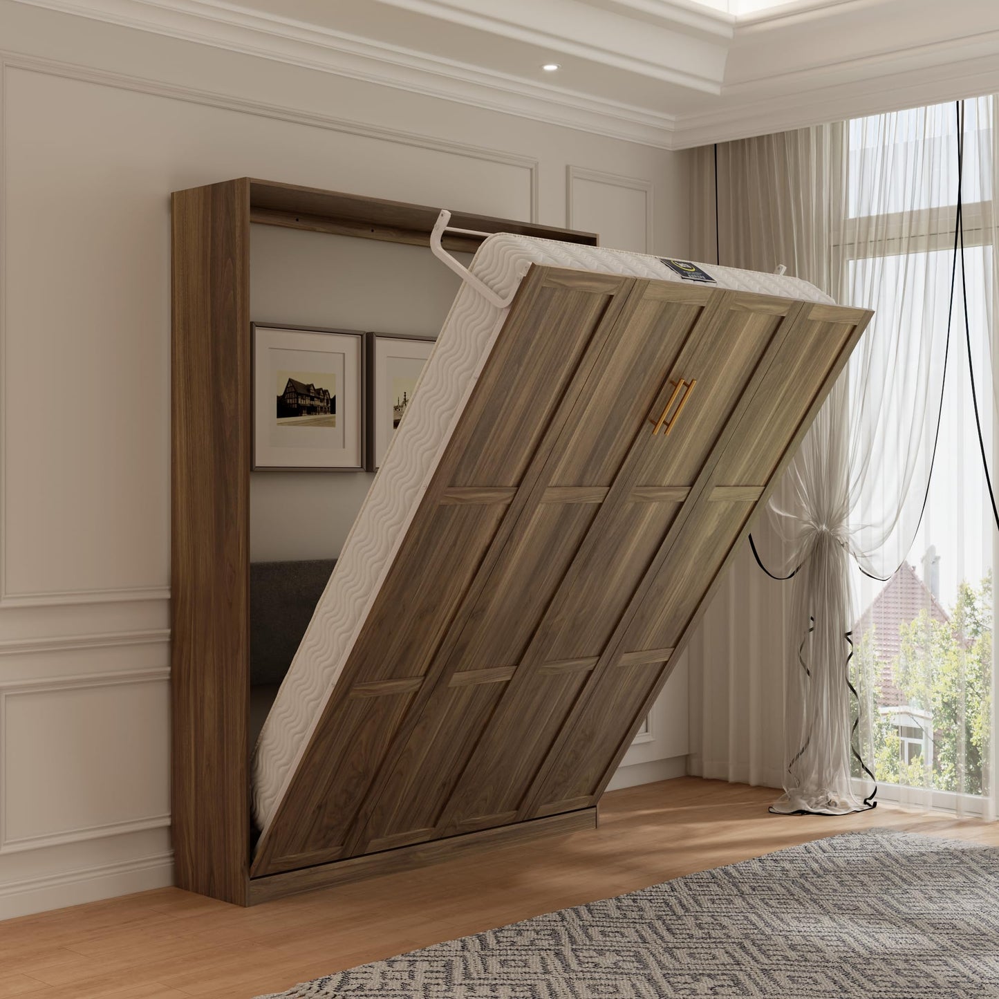 Jiaoun Queen Murphy Bed,Farmhouse Guest Beds,Folding Wall Bed with Hydraulic Bar,64" W Twin Murphy Beds for Small Spaces/Offices/Apartments/Guest Room,Browm.