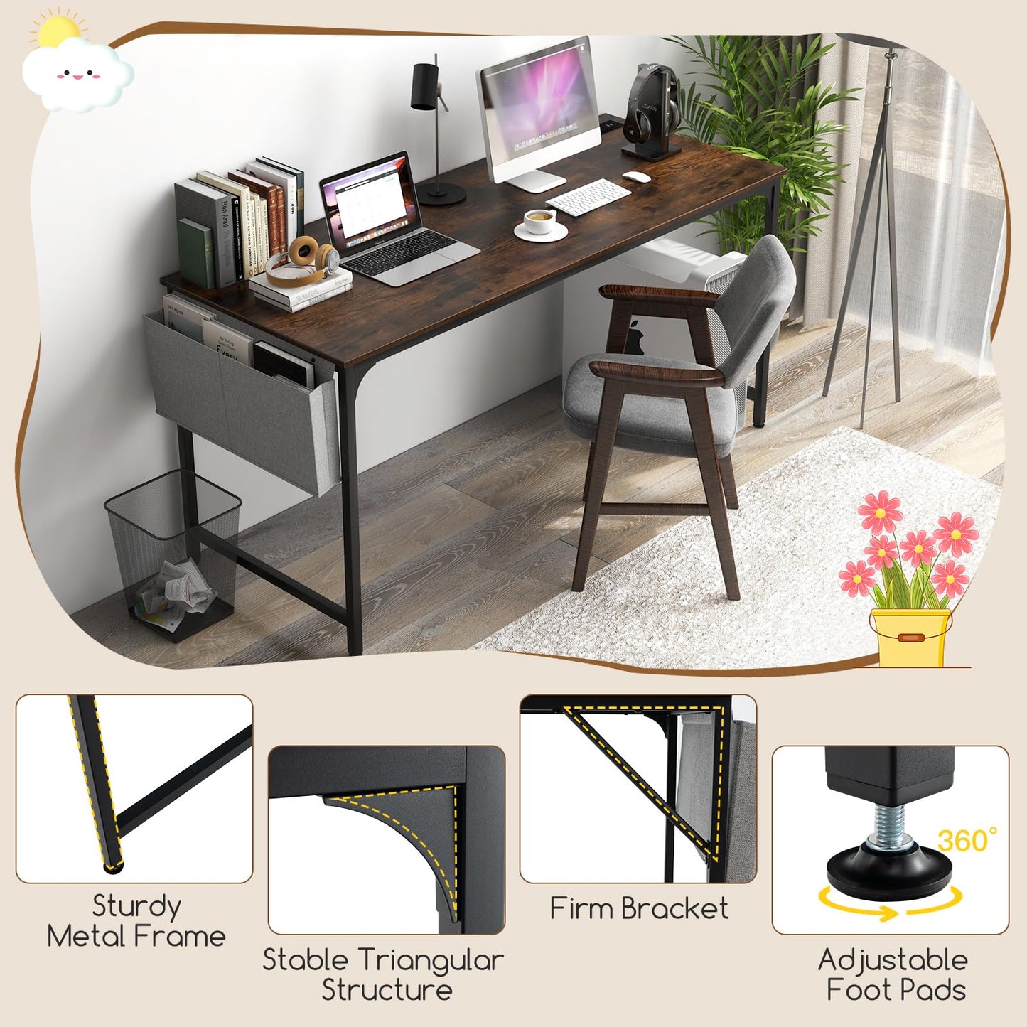 Tangkula 60" Conference Desk Set of 6, Modern Boardroom Desk with Storage Bag, Headphone Hook, Sturdy Metal Frame, Rectangular Seminar Table with Charging Station