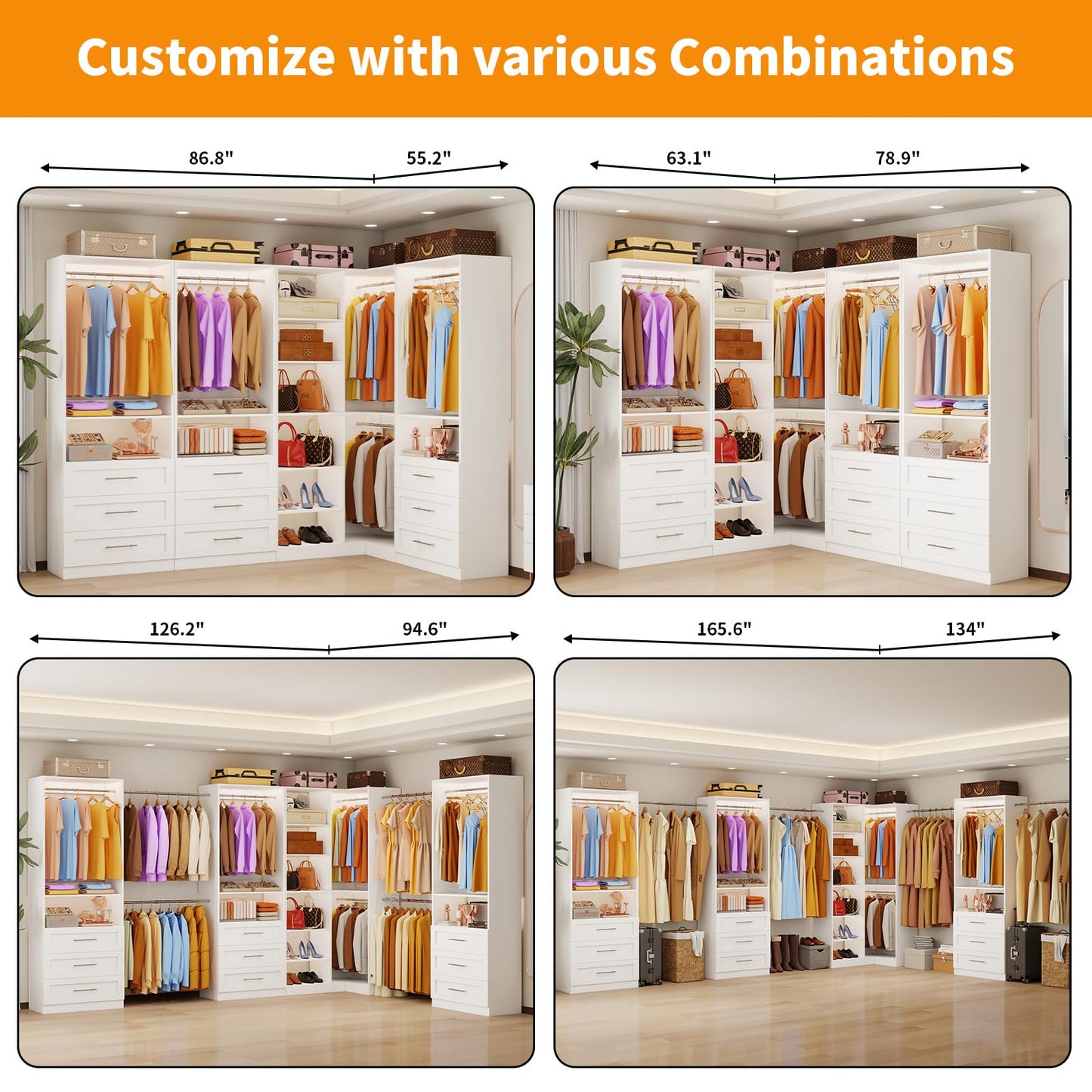 Closet System with 9 Drawers, Corner Closet Organizer Systems with 9 Shelves & 9 Hanging Rods L-Shaped Walk in Closet Freestanding Corner Tower Modular Storage System 4 Sets 2800+ Lbs Capacity White