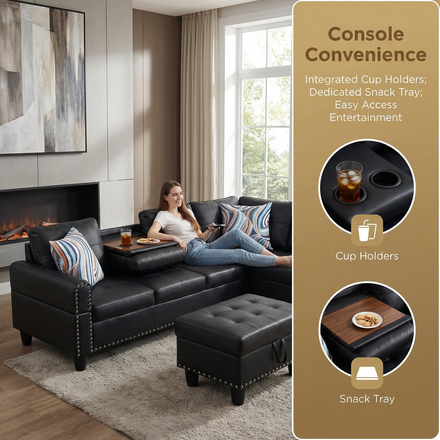 Trygoal L-Shaped Sectional Sofa with Movable Chaise & Storage Ottoman - 3-Piece Leather Modular Convertible Couch for Living Room, Apartment & Home Office, Gloss Black