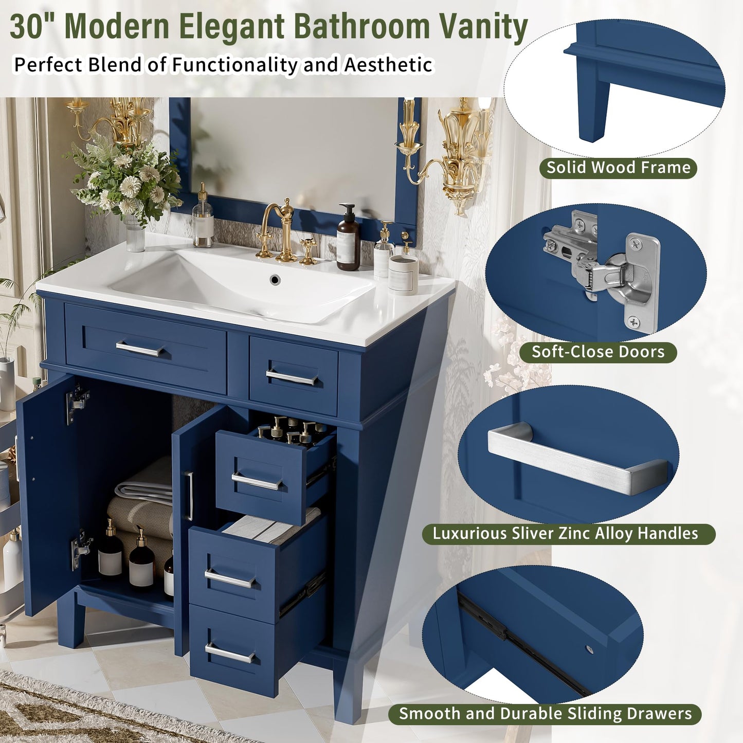 Merax 30" Small Bathroom Vanity with Ceramic Sink, Modern Solid Wood Frame Free-Standing Storage Cabinet, Soft-Close Doors, 2 Drawers & Under-Sink Storage, Space-Saving for Small Bathroom, Blue