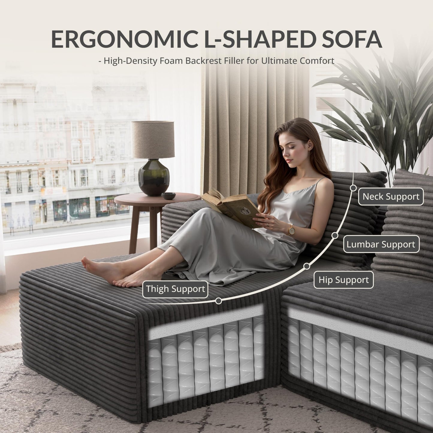 Attalee Modular Sectional Sofa for Living Room, L Shaped Compressed Corduroy Sectional Boneless Couches with Deep Seat and 4 Storage Pockets, Easy Assembly, Dark Grey