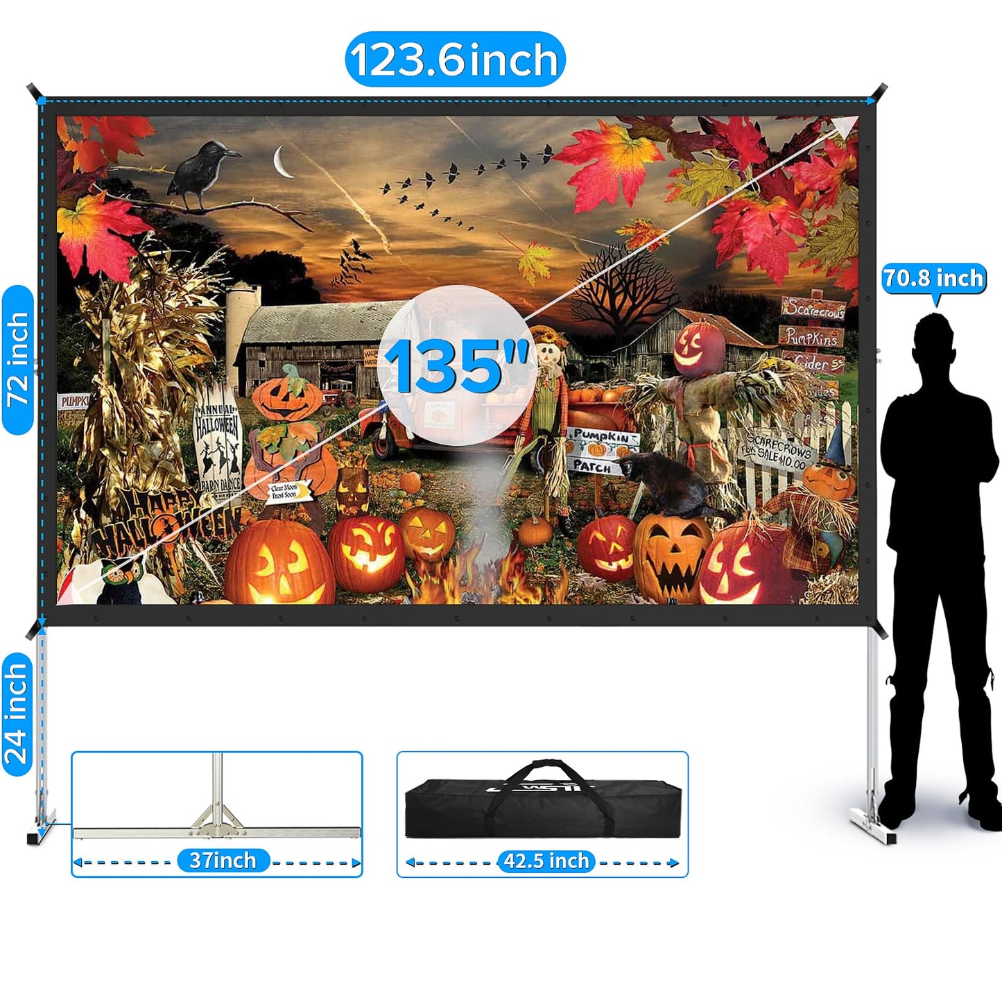 Projector Screen and Stand,JWSIT 135 inch Outdoor Movie Screen-Upgraded 3 Layers PVC 16:9 Outdoor Projector Screen,Portable Video Projection Screen with Carrying Bag for Home Theater Backyard