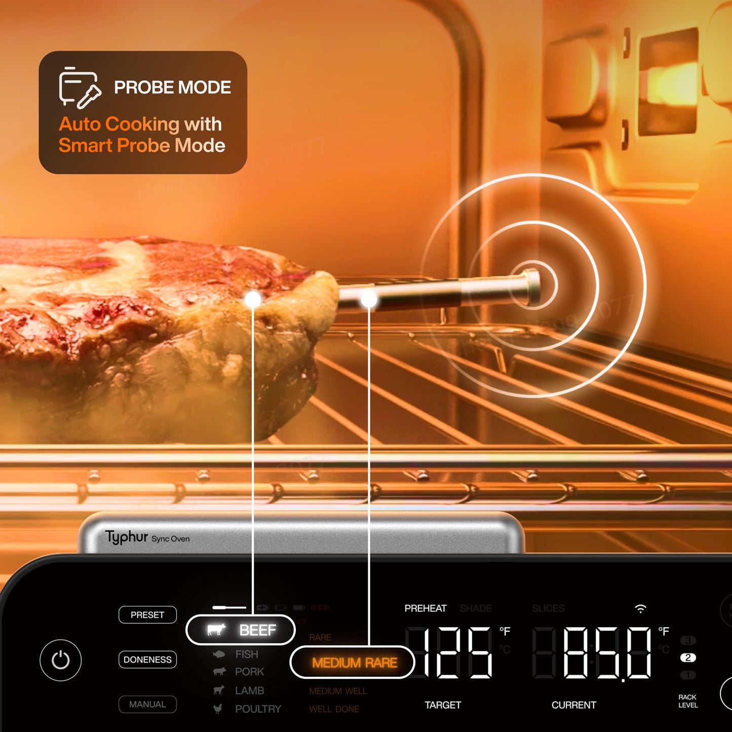 Typhur Sync Oven with Smart AI Wireless Meat Thermometer Probe, 12‑in‑1 Countertop Air Fryer Toaster Oven Combo, 360° Turbo Convection, Dehydrator, Recipe & 5 Accessories, Large 27QT, Stainless Steel
