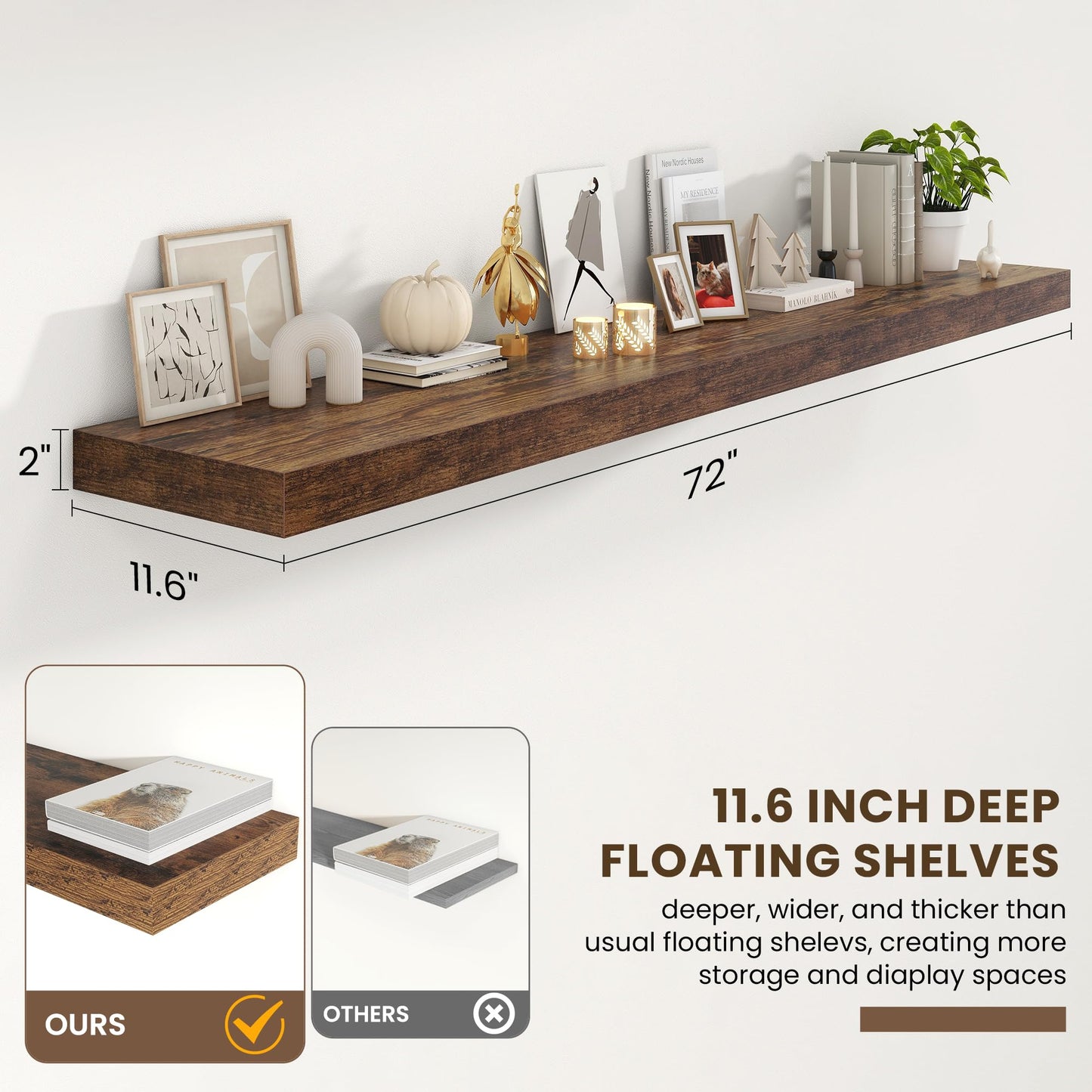 FLYJOE 72 Inch Floating Shelves | 12 Inch Deep Floating Shelves Set of 2 | 72" W x 12" D Rustic Brown Wood Wall Shelves for Bathroom Living Room Kitchen Laundry Room