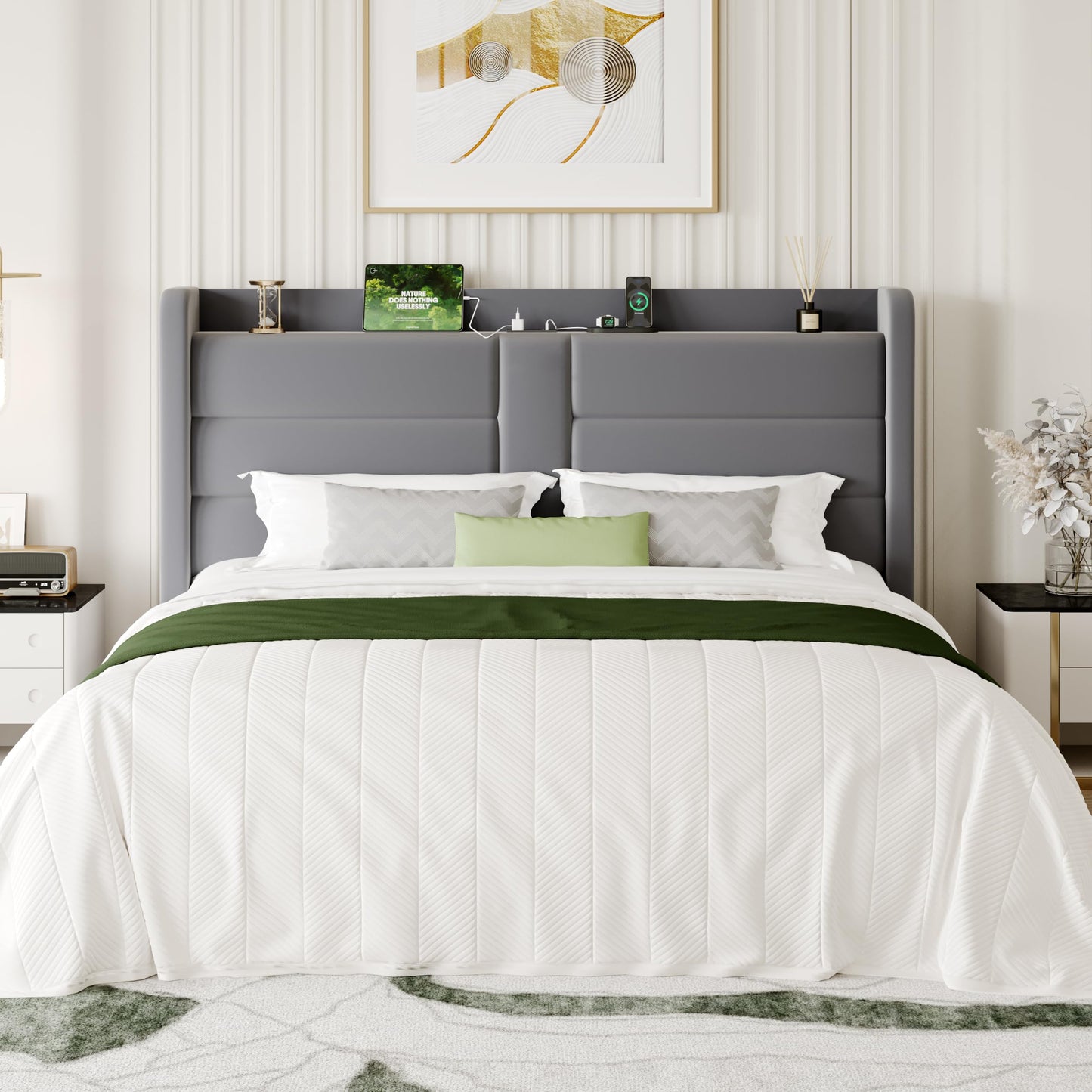 SHA CERLIN King Size Upholstered Bed Frame with Storage Shelf & Charging Station, Modern Velvet Platform Bed with Wingback Headboard, Wooden Slats Support, No Box Spring Needed, Easy Assembly, Grey