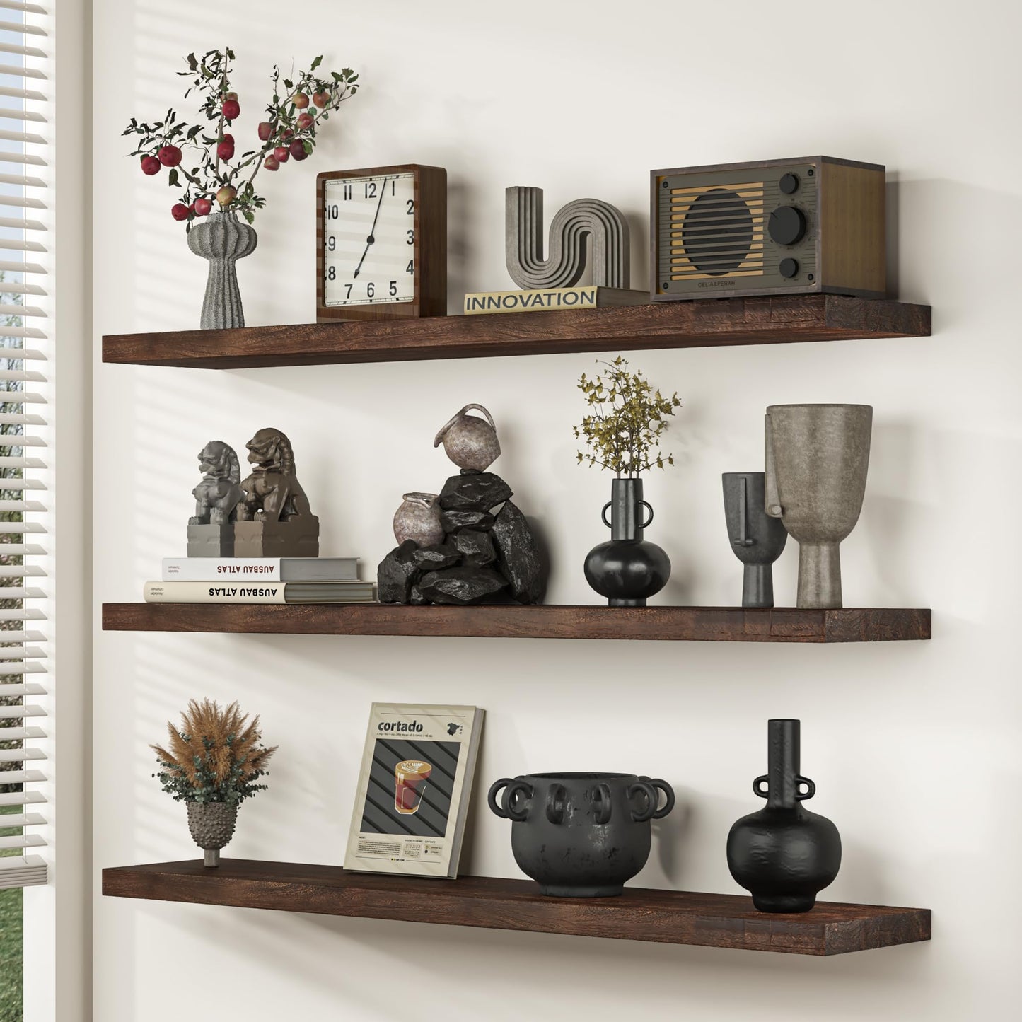 Fun Memories Floating Shelves for Wall, 72" W x 9.3" D Wood Floating Shelf with Invisible Heavy-Duty Metal Bracket, Deep Floating Shelf for Living Room Kitchen, Walnut Finish