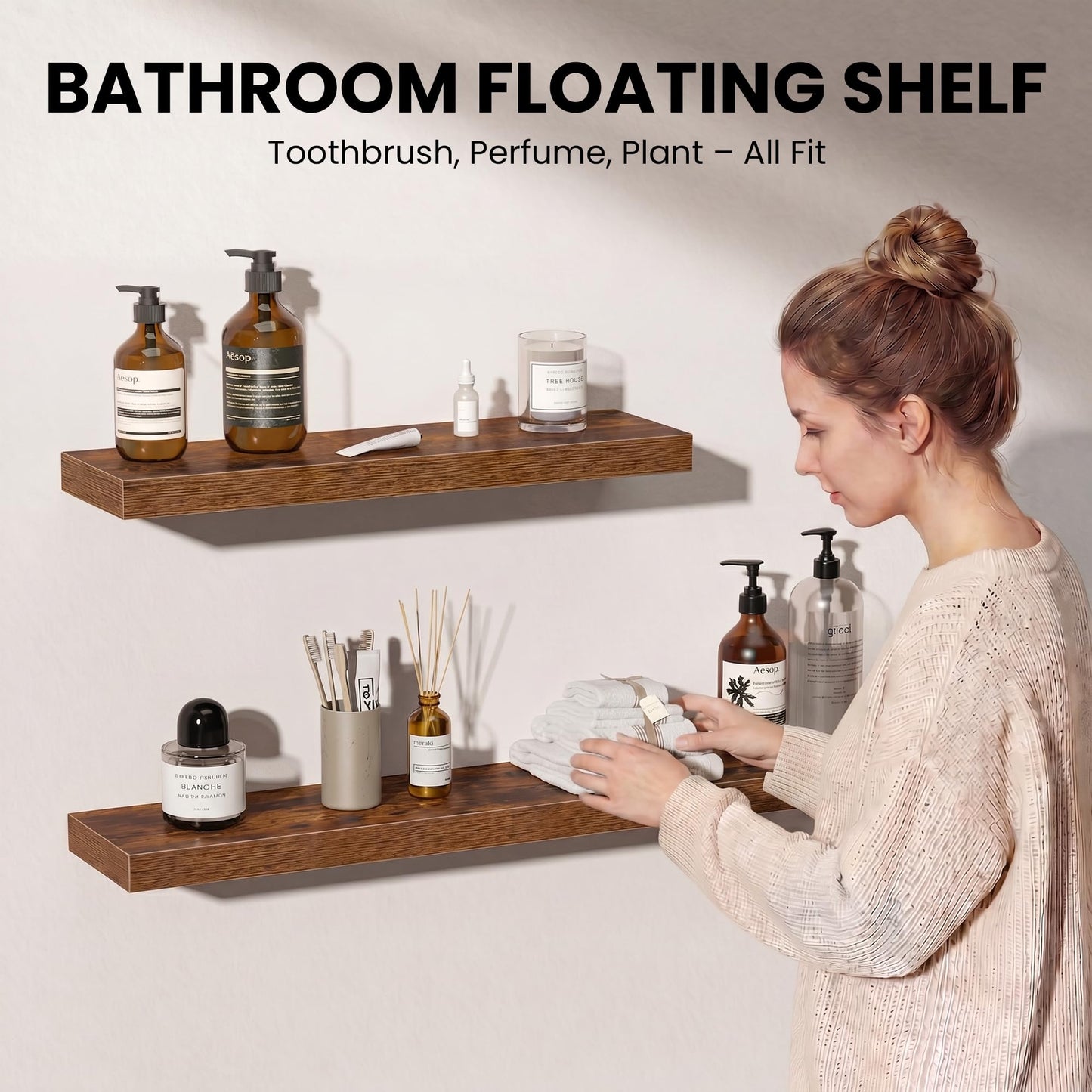 Fun Memories Floating Shelves for Wall, 72 Inch Long Set of 2 Rustic Wood Wall Shelves with Invisible Brackets, Heavy Duty Storage Display for Living Room Bedroom Kitchen, Brown