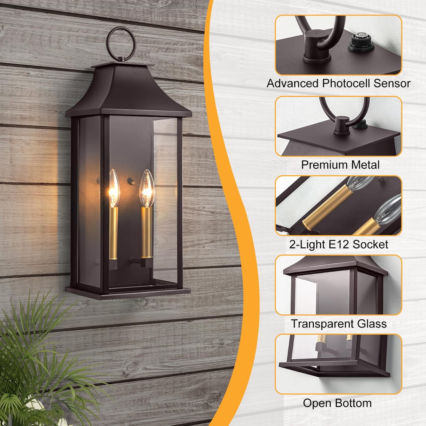 Lawyettle Outdoor Wall Light, 20.6in Bronze Dusk to Dawn Sconce, 2-Light Waterproof Aluminum Lantern, Model XG7008O-W2BR