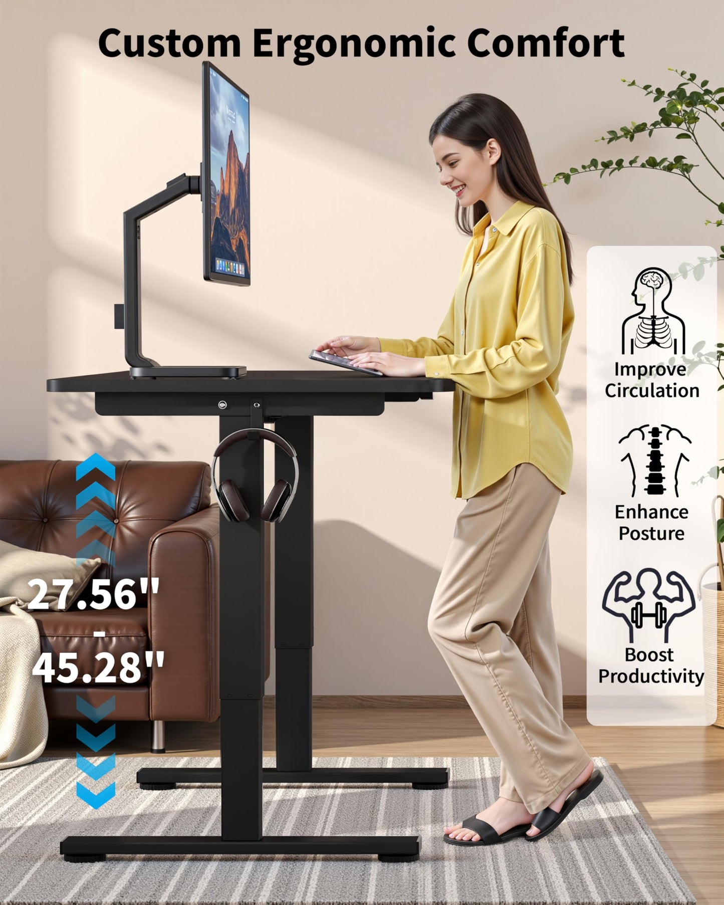Okin Small Electric Standing Desk, 36 x 24 Inches Whole Piece Height Adjustable Desk, Black Sit to Stand Desks Computer Workstation for Home Office