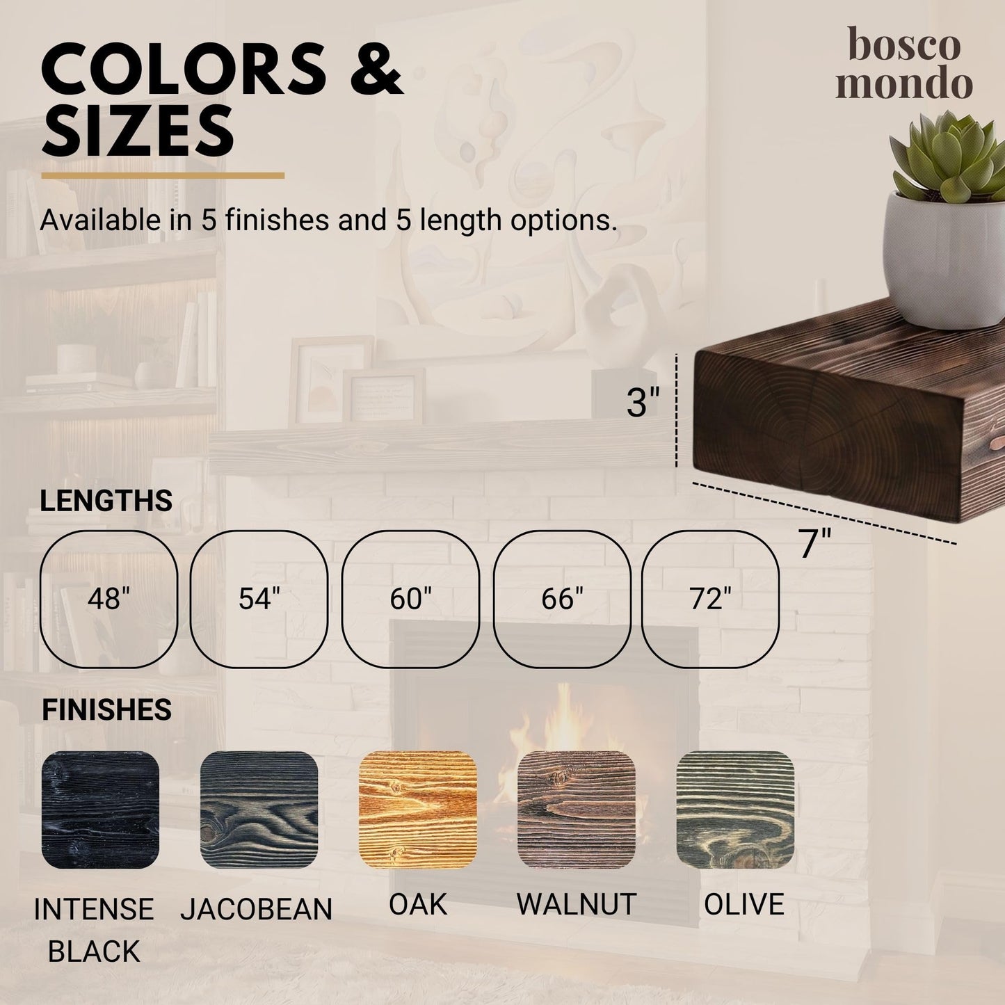 BoscoMondo Solid Wood Fireplace Mantel Shelf, Floating Mantle for Living Room, Farmhouse Rustic Wood Mantel, Easy Wall Mount with Heavy-Duty Metal Bracket (72", Jacobean)