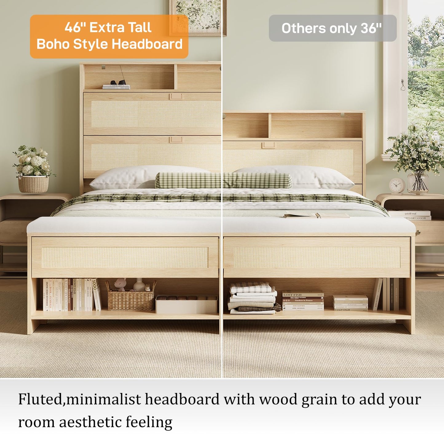 VINGLI Queen Rattan Bed Frame with Storage Headboard and Charging Station,Boho Bed with Shelves and Bench, Modern Wood Platform Bed,No Box Spring Needed, Space Saving Design for Bedroom