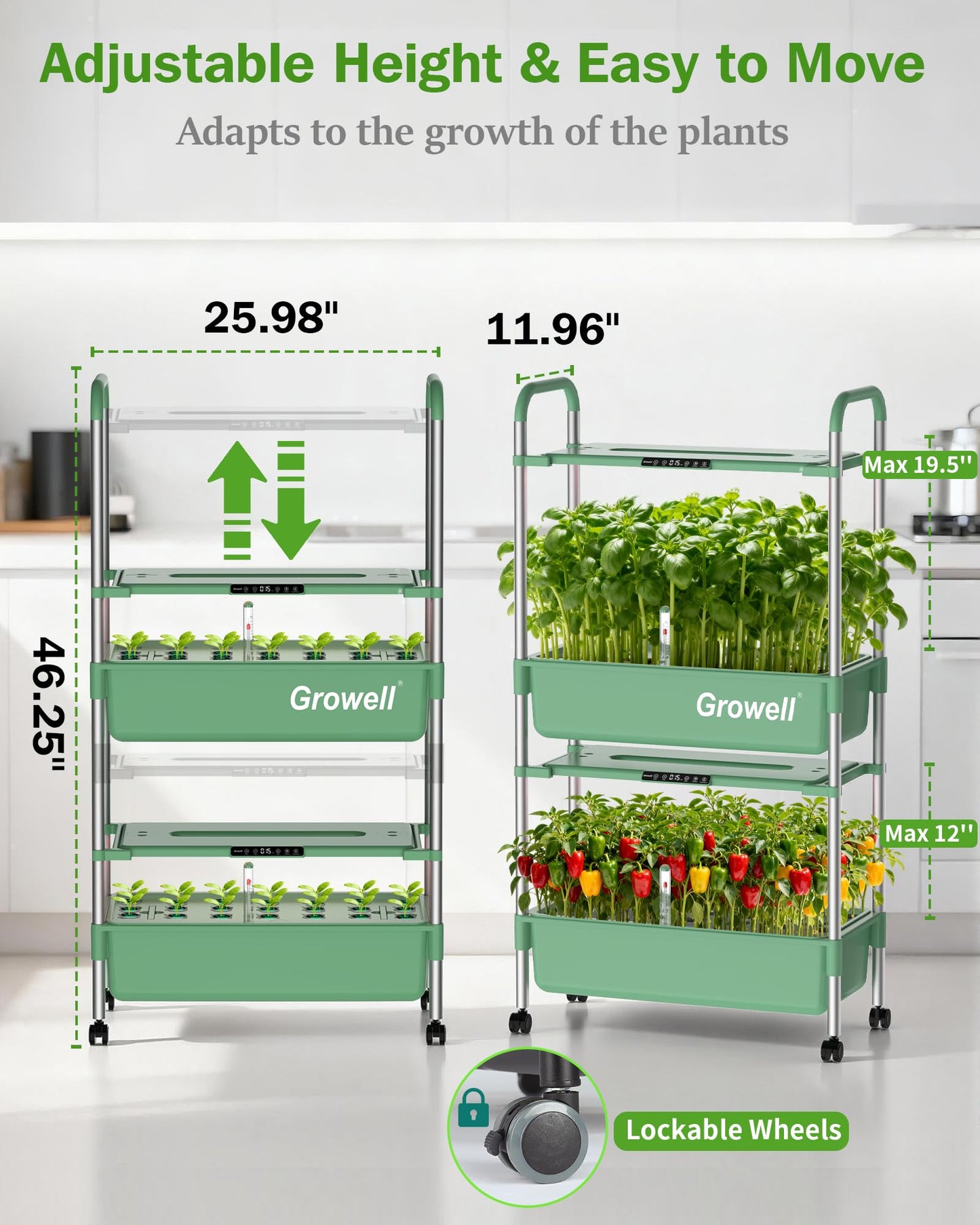 Growell Large Hydroponics Growing System Kit, 54 Pods Vertical Indoor Herb Garden Kit with LED Grow Light & Independent Water Pump, 28L Movable Indoor Planter Perfect Gardening Gifts (2 Tier-Green)