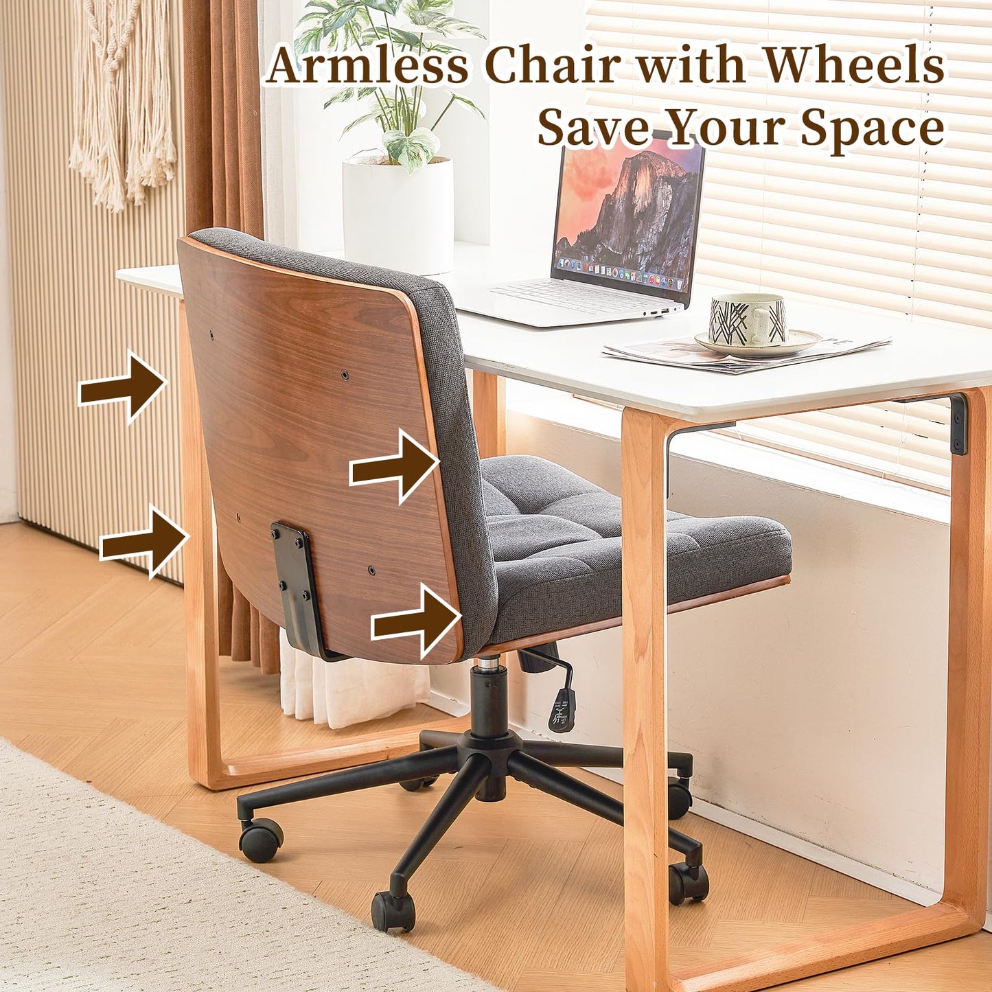 Furnimart Heavy-Duty FSC Wooden Wide Desk Chair, 360° Swivel Criss Cross Office Chair with Wheels, Comfy Cross Legged Sitting, Armless Rolling Chair for Bedroom, Office, Vanity(Linen Gray)