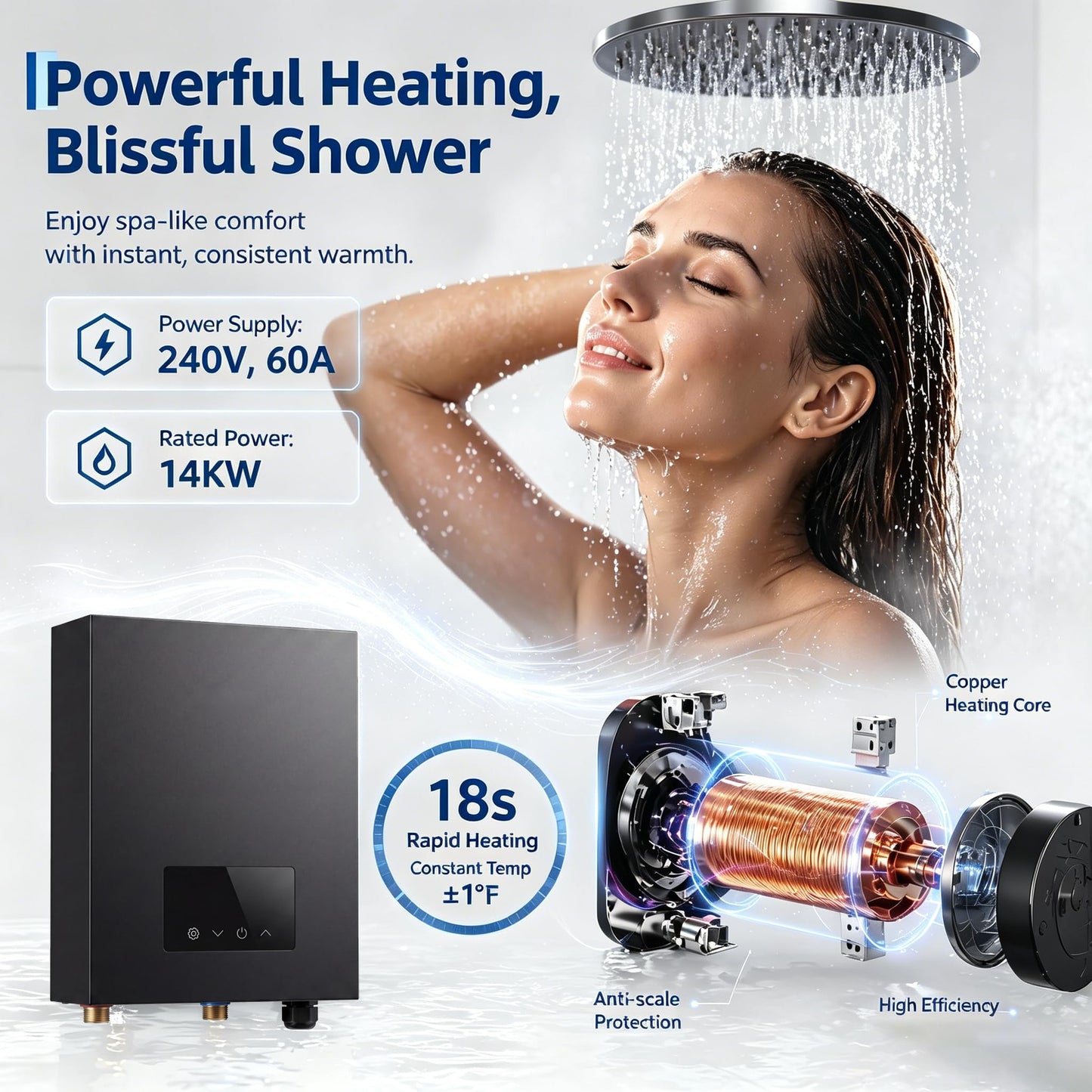 14kW 240V Tankless Water Heater Electric, Instant on-Demand Hot Water Heater with Smart Self-Modulating Technology, Compact Design for Point-of-Use Under Sink, Shower, and Kitchen, Gray