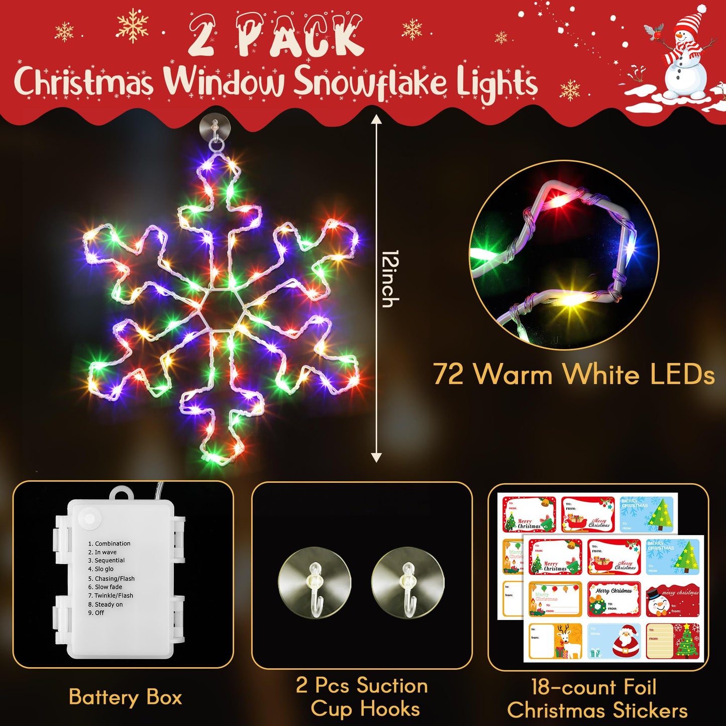 Hiboom 2 Pack Christmas Window Lights, 12 Inch Colorful Snowflake LED Decorations, Model CW-Hiboom-1807, Battery Powered