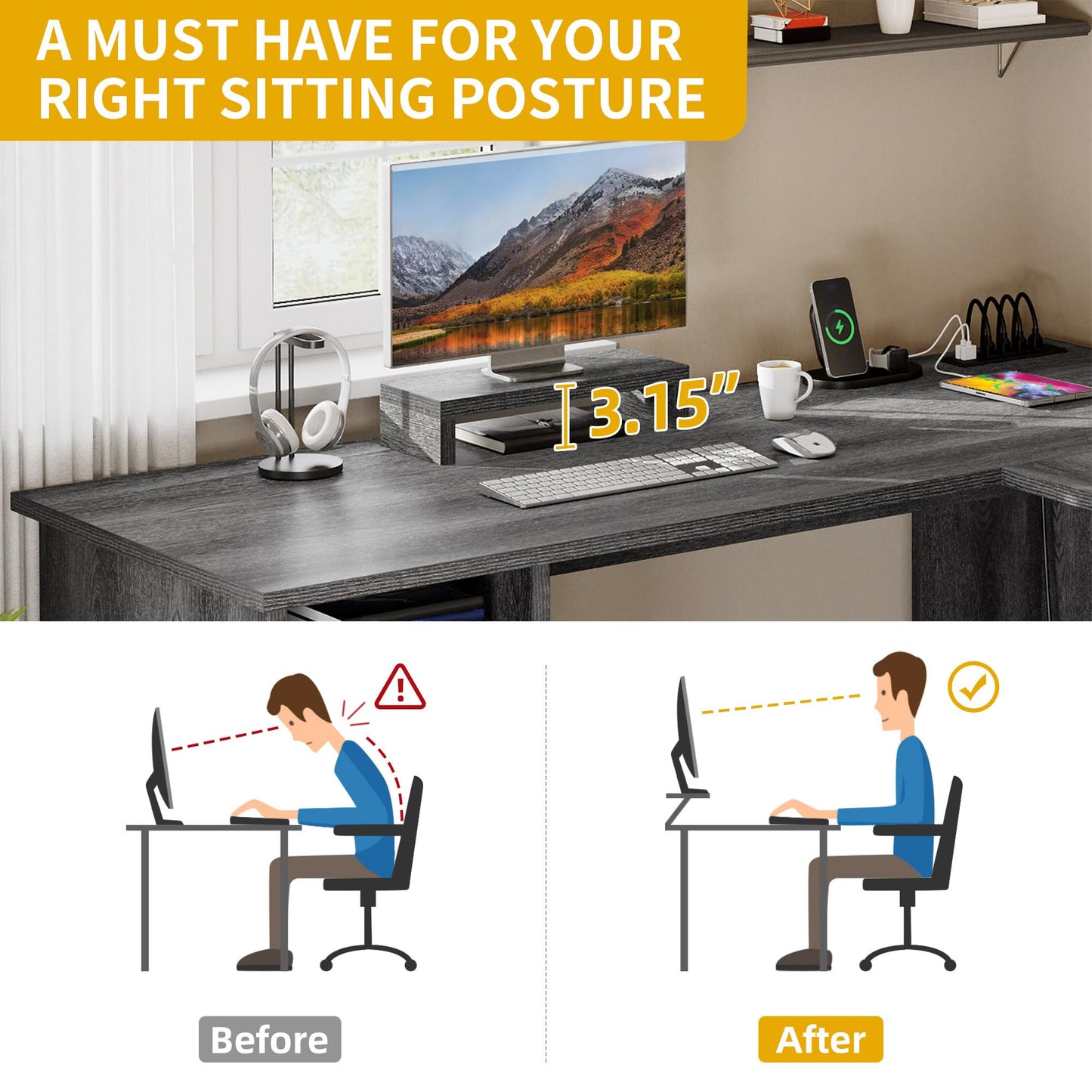 DWVO L Shaped Desk with File Drawer, 60" Corner Computer Desk with Power Outlets, Home Office Desk with Monitor Stand & Storage Shelves & File Cabinet, Grey