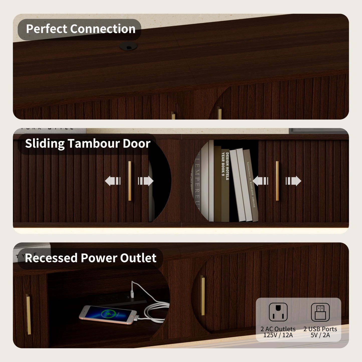 DHH 94.8" Floating TV Stand with Power Outlet for TVs up to 100", Mid Century Modern TV Console with RGB LED Lights, Fluted Entertainment Center with Sliding Door for Living Room, Bedroom (Walnut)