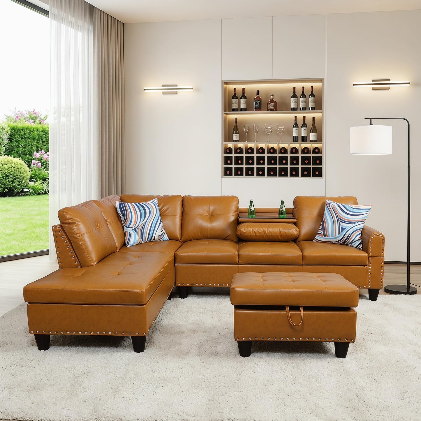 Topcomfy Leather L Shaped Sectional Couches for Living Room - 97.5“ x 69.5" Modular Sectional Sofa with Storage Ottoman, 4 Seat Home Sofa Living Room Furniture Sets with Chaise for Apartment, Ginger