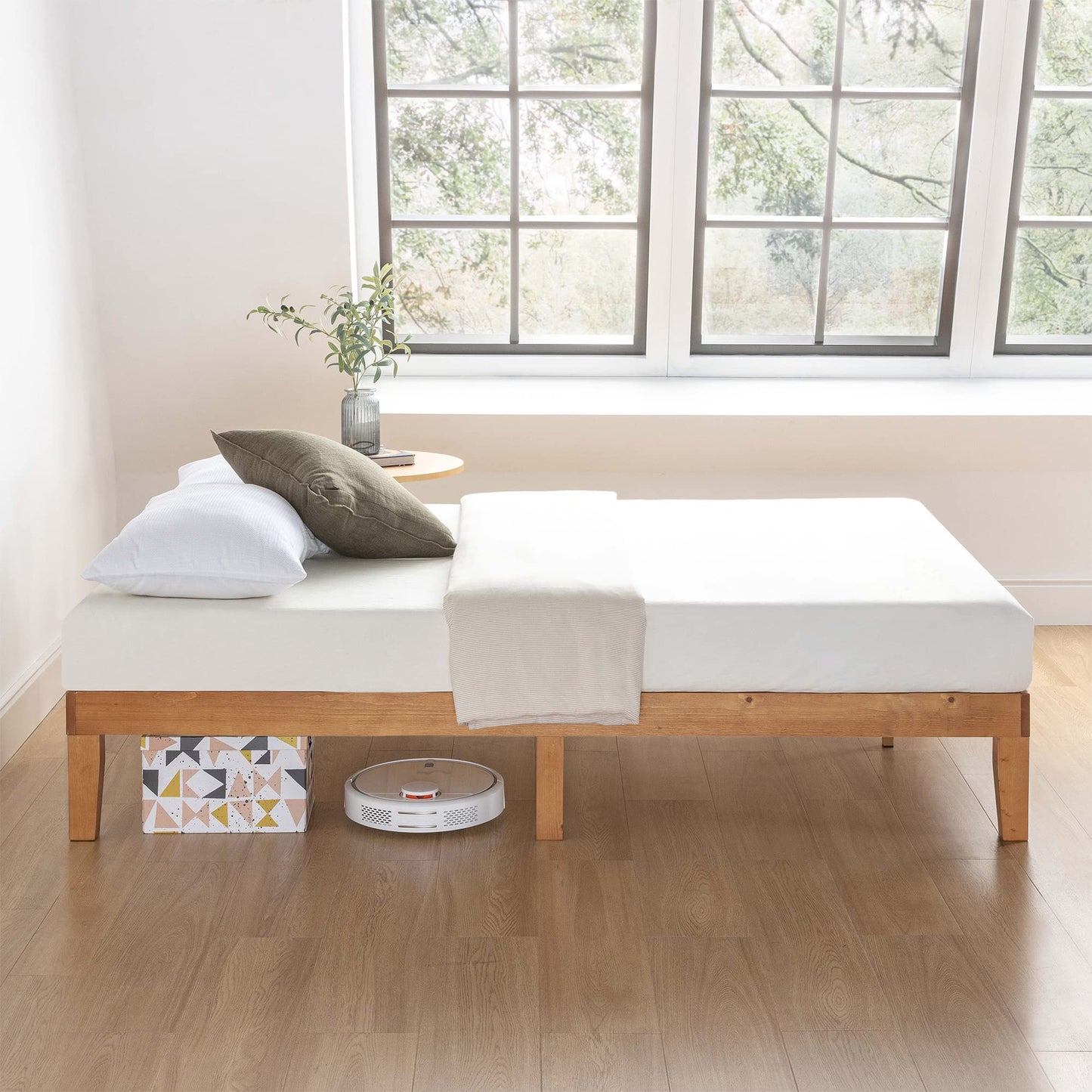 Mellow Naturalista Classic 12 Inch Solid Wood Platform Bed with Wooden Slats, Cal King, Natural Pine