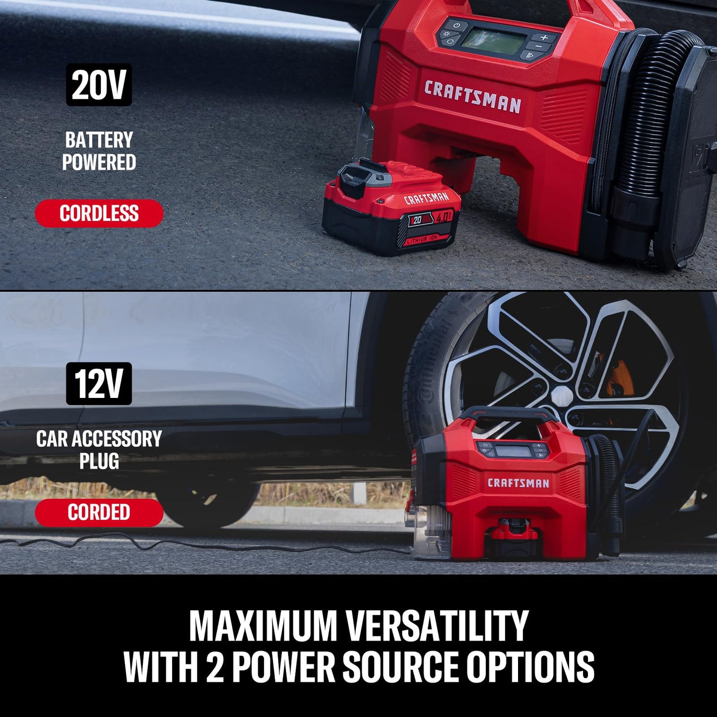 CRAFTSMAN 3-in-1 Cordless Portable Tire Inflator 160 PSI Air Compressor, 4.0Ah Battery & 12V Charger, Car Vacuum, Dust Blower & LED Light for Car, Bike, Ball, Inflatable Mat & SUP