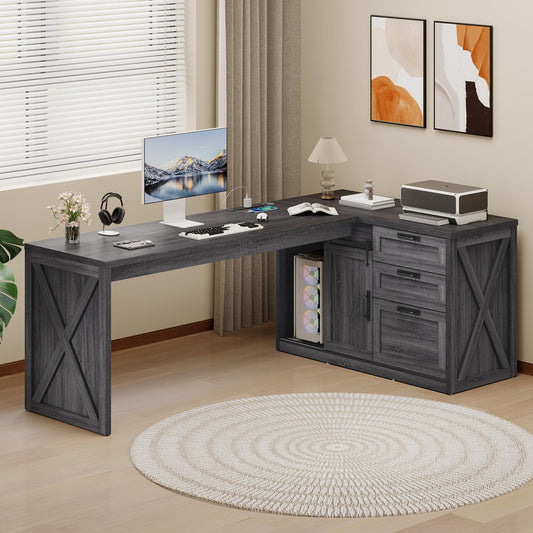 Meowloday 78'' Farmhouse L Shaped Desk, Large Home Office Desk with File Drawer and Charging Station, Computer Corner Desks with Sliding Barn Door & Storage Cabinet for Office Home, Bedroom, Grey