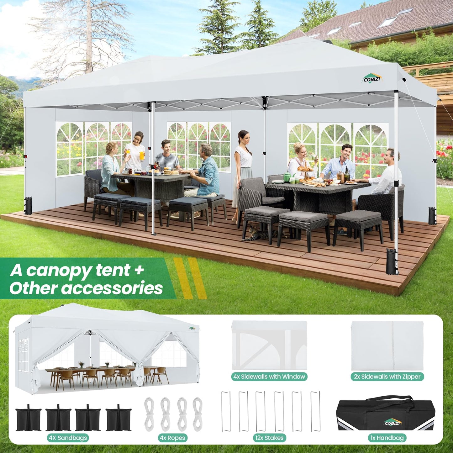 COBIZI Canopy 10x20 Pop Up Canopy Tent with 6 Sidewalls, One Push Party Tents for Parties Outdoor Wedding Waterproof Gazebo Commercial Event Tent with Sandbags, Swan White
