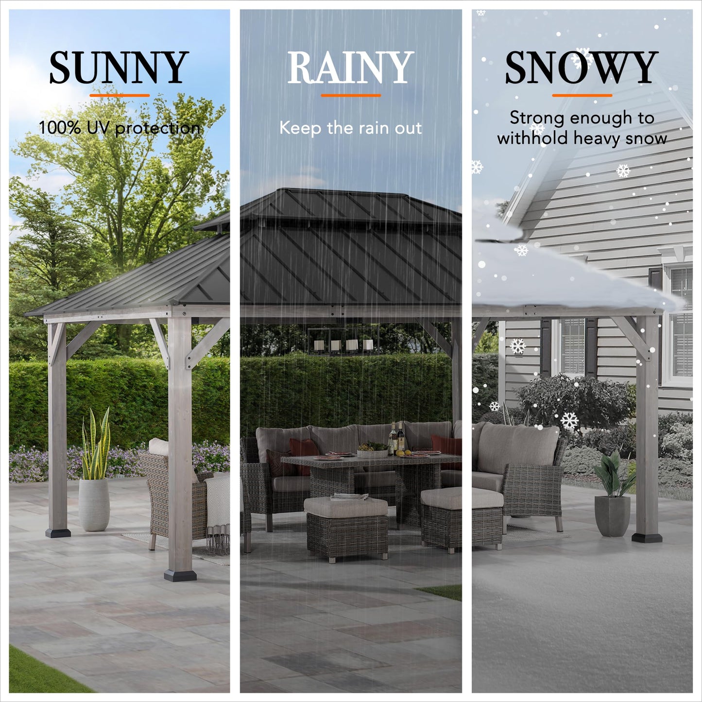 SUNJOY 12 x 16 ft. Wood Gazebo, Outdoor Patio Cedar Framed Steel Hardtop Gazebo with 2-Tier Metal Roof, Suitable for Patios, Lawn and Backyard, Matte Black Roof + Gray Wood Frame