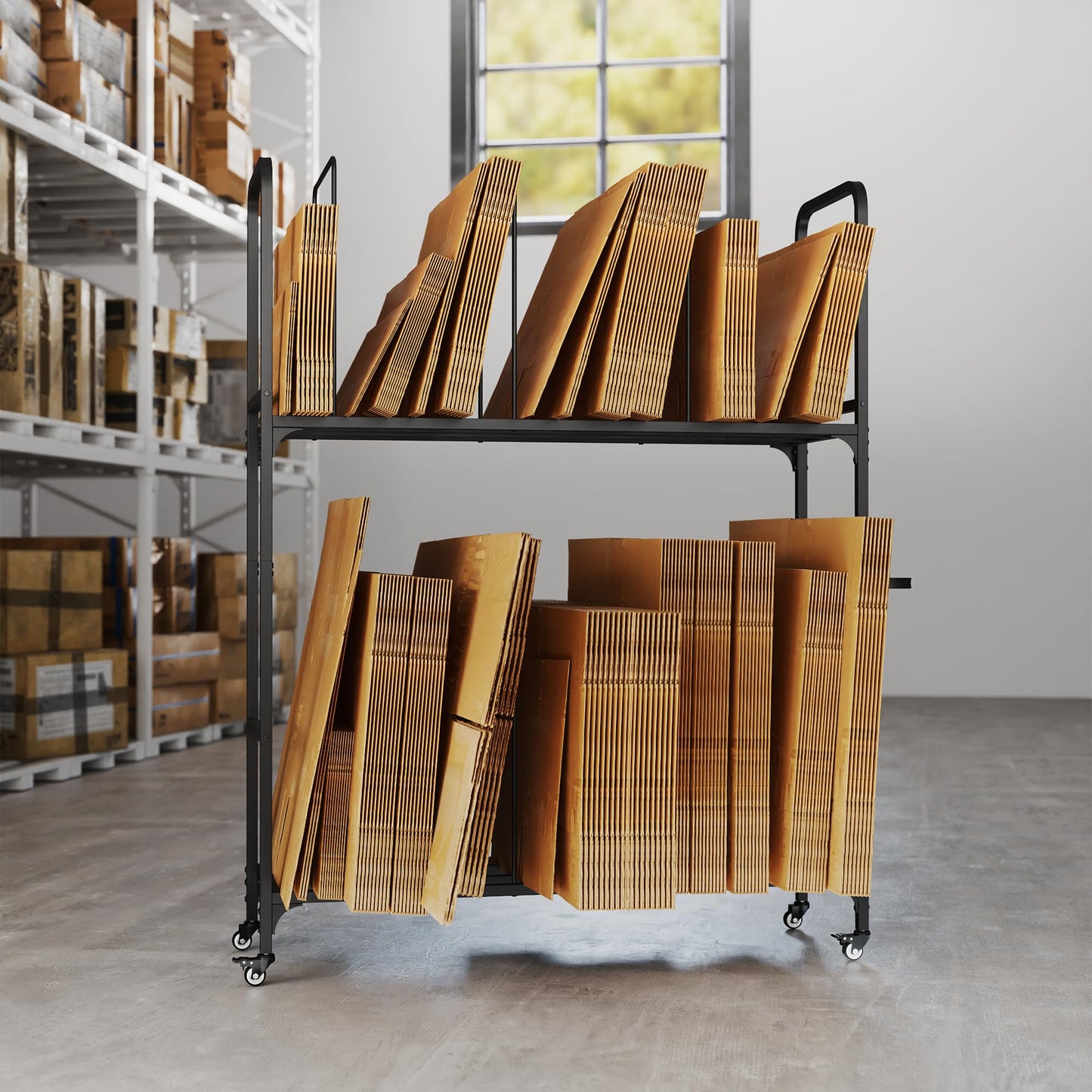 2-Tier Carton Stand, Metal Cardboard Box Organizer, Rolling Cardboard Box Stand, Heavy Duty Carton Storage Cart with Dividers, Shipping Boxes Cart with Wheels for Commercial Home Supermarket Warehouse