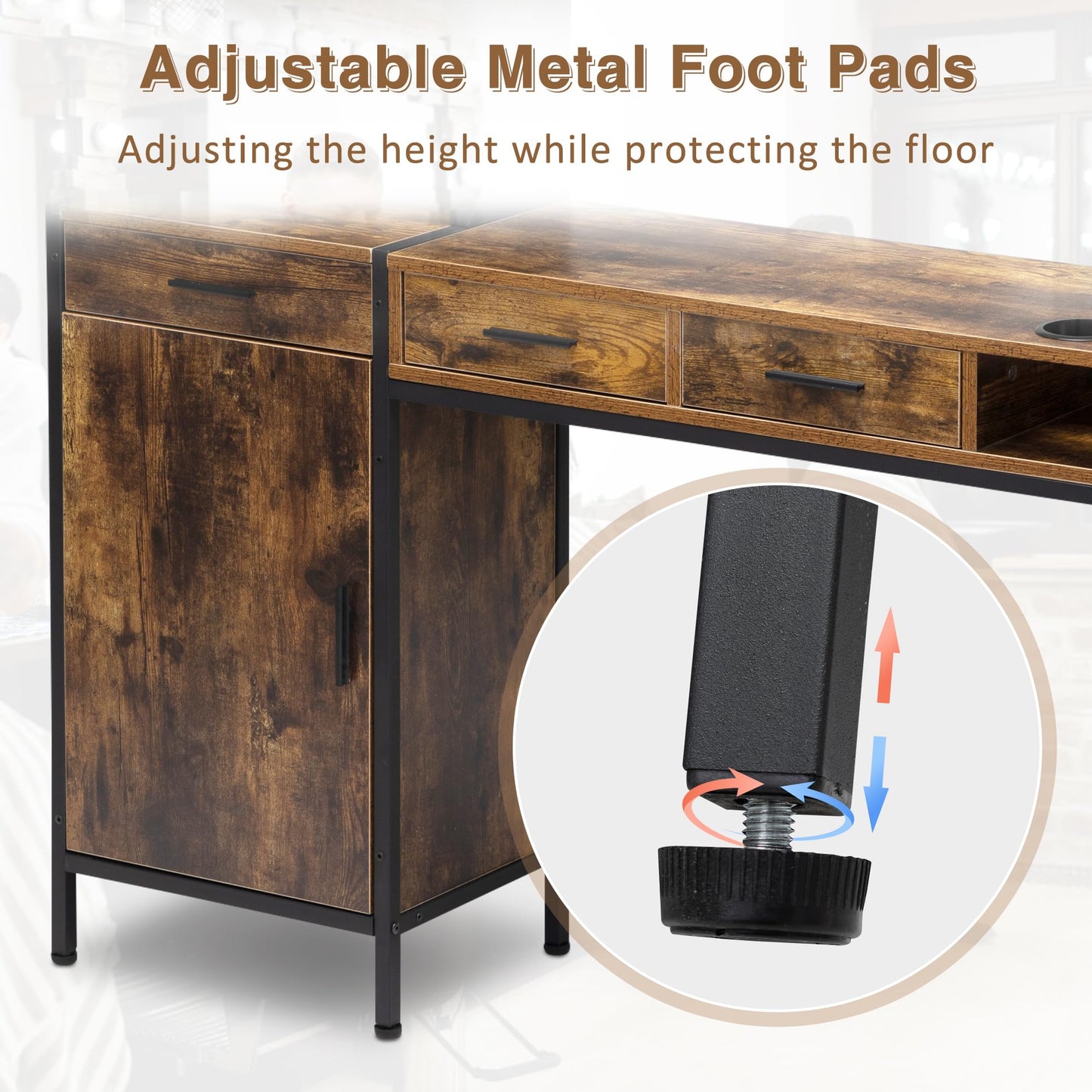 RESHABLE Industrial Wall Mount Salon Barber Station, Hair Styling Station with 3 Drawers, Storage Cabinet, Shelves, Hair Dryer Holes, Beauty Spa Equipment, Rustic Brown