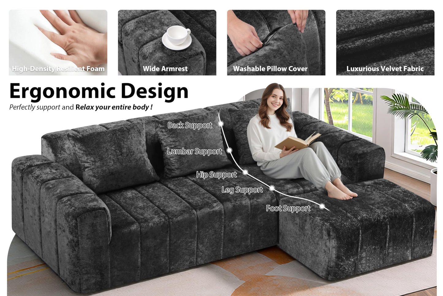 HABUTWAY 95" Modular Sectional Sofa with Chaise, L-Shaped Cloud Couch with Deep Seat, Convertible Upholstered Boneless Couch for Living Room Apartments Bedroom, No Assembly Required, Black