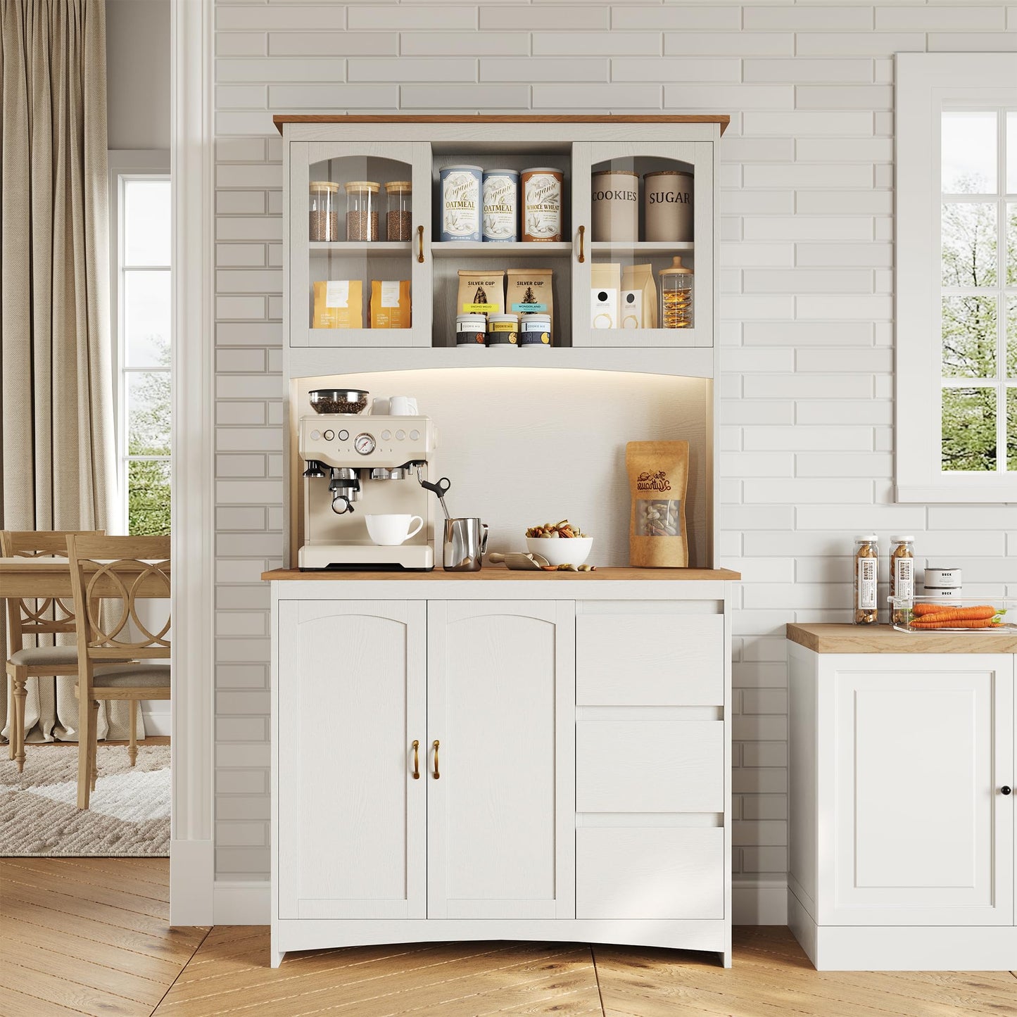Garvee 71" Kitchen Pantry Cabinet with LED Lights & Charging Station, Farmhouse Kitchen Hutch Storage Cabinet with Countertop, 3 Drawers, 4 Doors, Adjustable Shelves for Dining Room, White
