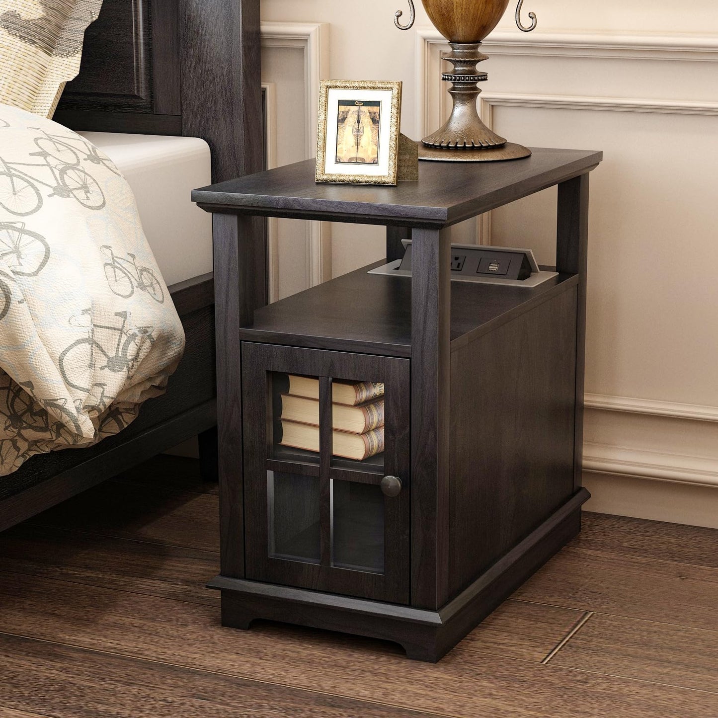 HIFYOBRO Narrow End Table Set of 2 with Charging Station, Bedside Table with Storage, End Table with Power outlets & USB Ports, Wooden Side Cabinet for Bedroom, Living Room