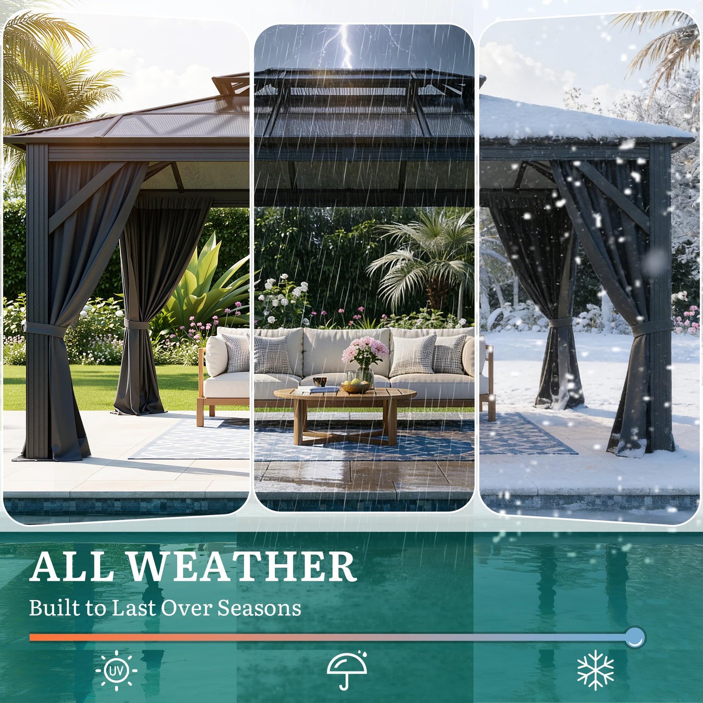 YITAHOME 10X12FT Polycarbonate Gazebo Outdoor Patio Double Top Canopy Galvanized Iron Aluminum Column Garden Tent Curtains Netting for Backyards Decks Lawns,Gray