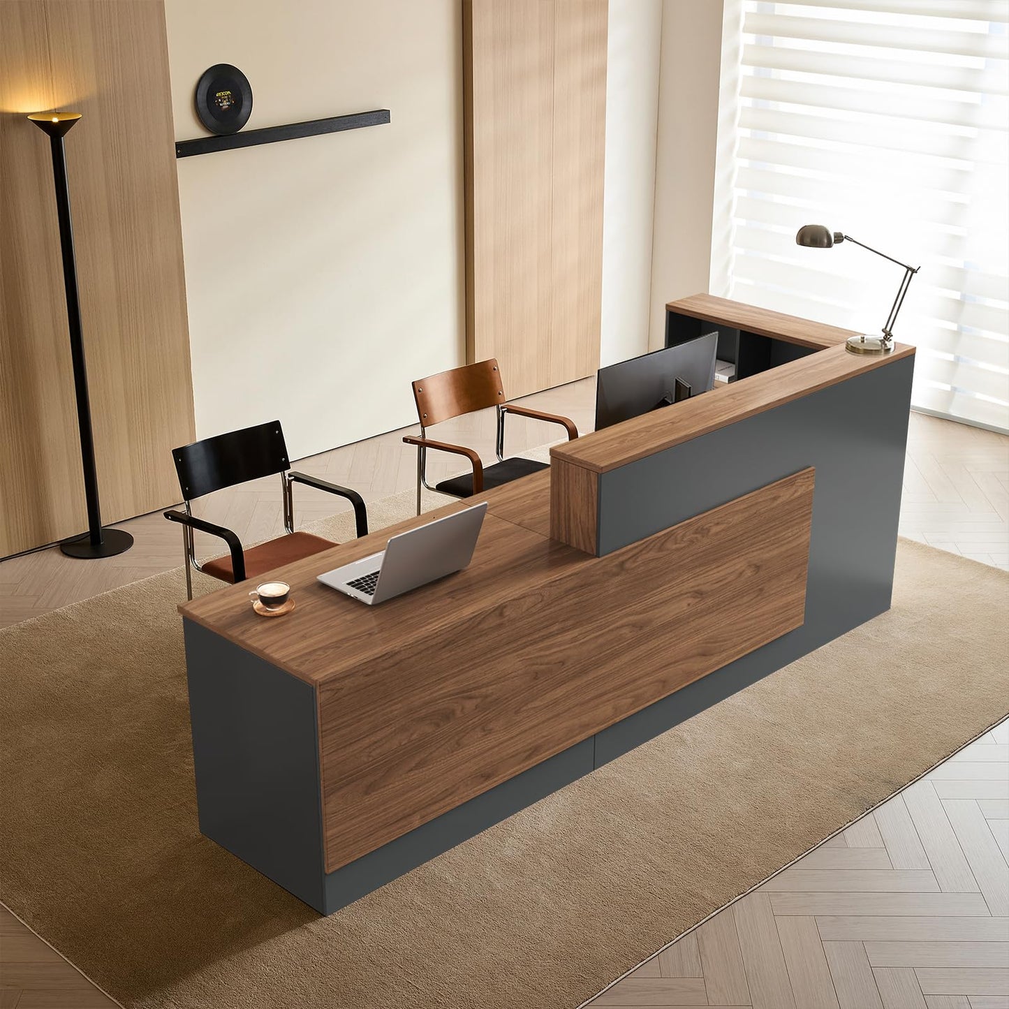 Huariifowm 87" L-Shaped Reception Desk with Counter, Front Desk with Lockable Drawer, Keyboard Tray & Shelves for Salon, Clinic, Retail & Office Lobby, Iron Gray & Walnut Brown, Left Cabinet