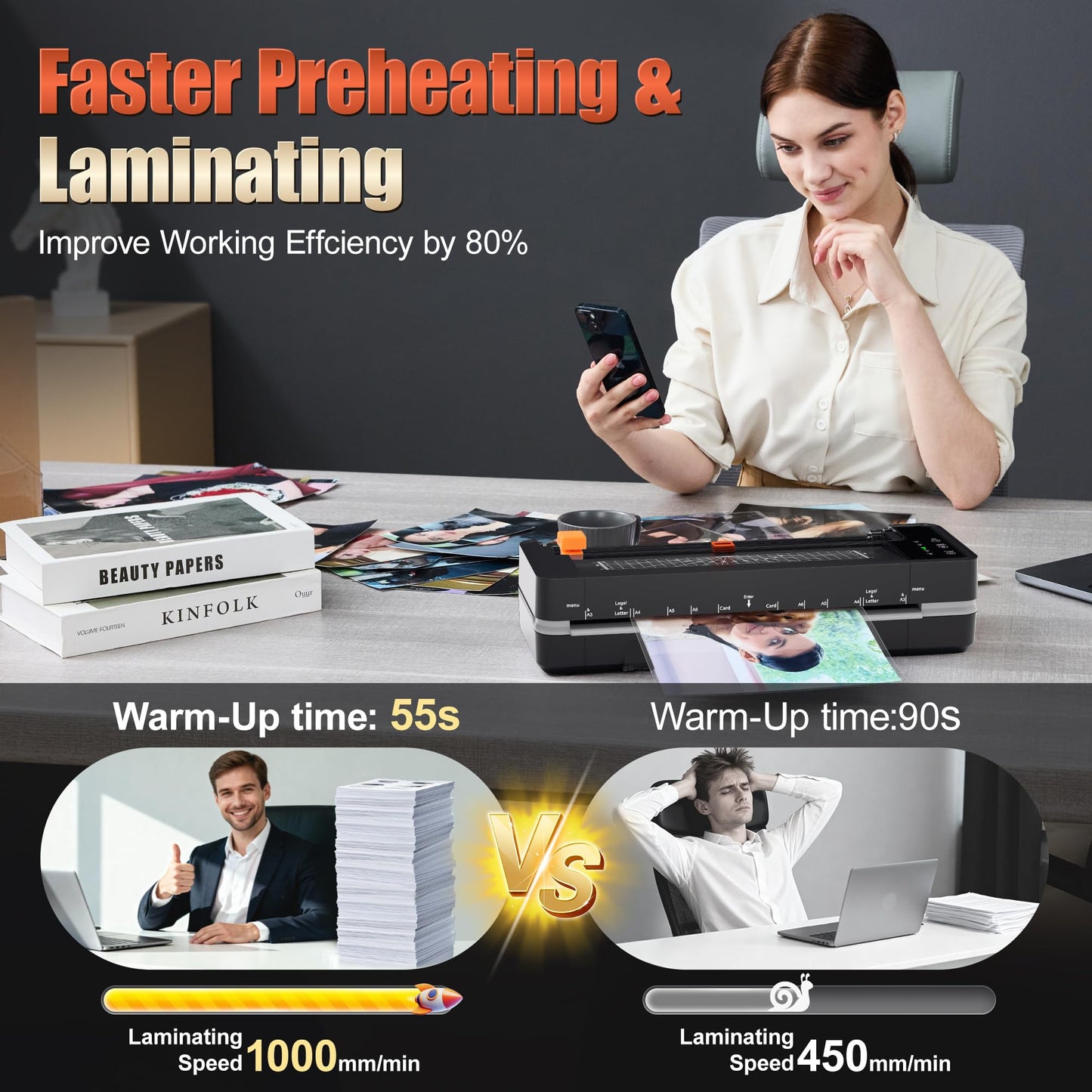 13" Heavy-Duty 4-Roller Laminator Machine, Fast 55s Warm-Up, 3-10 Mil A3/11x17 Laminating Machine, 1000mm/min Speed, Auto-Reverse Jam Prevention, Includes 30-Sheets for Office & School (Black)