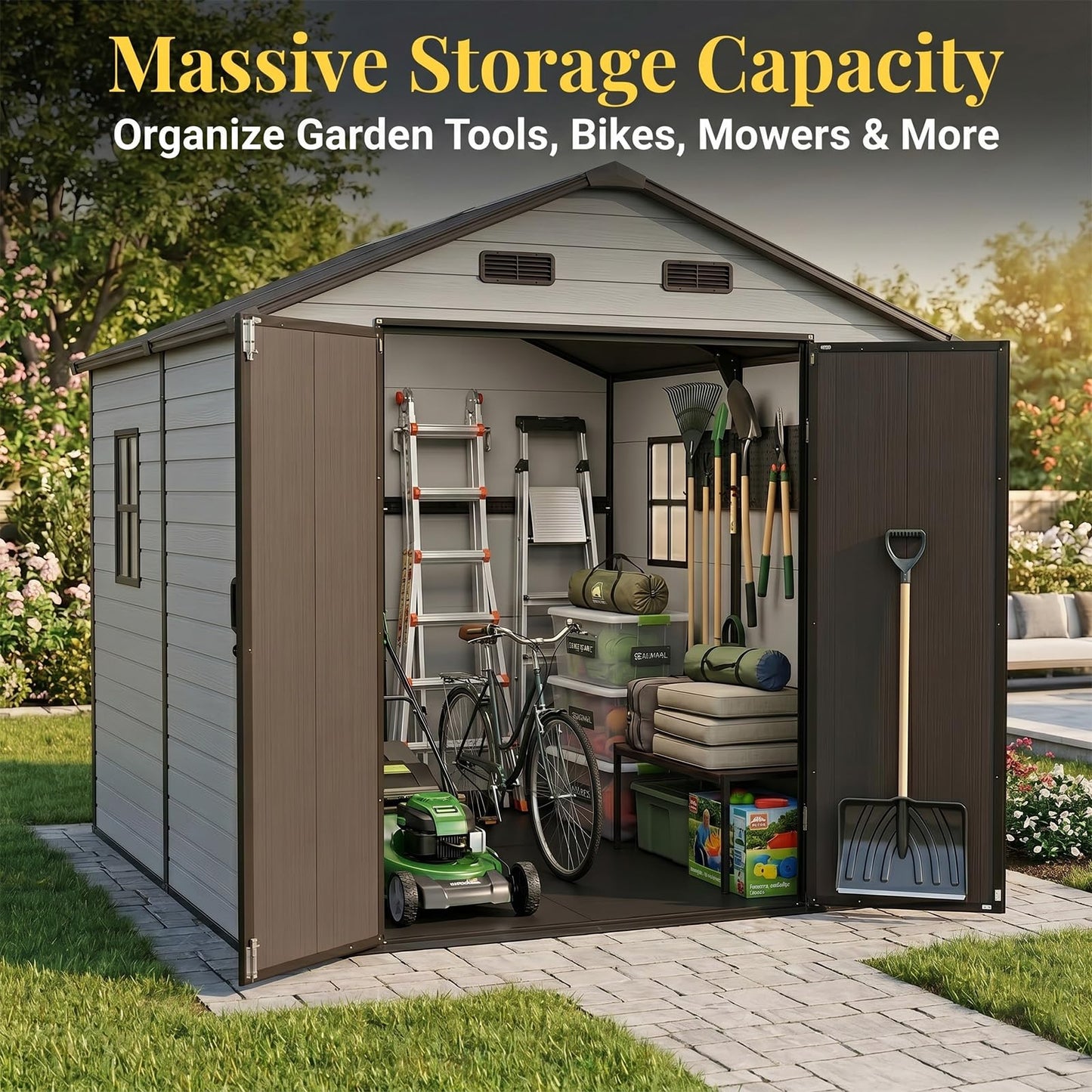 FammyLoft 8x8 FT Heavy Duty Resin Shed with Floor, Waterproof Outdoor Storage Shed with 2 Windows & 4 Vents, Lockable Door for Backyard, Garden, Patio, Bikes Brown White